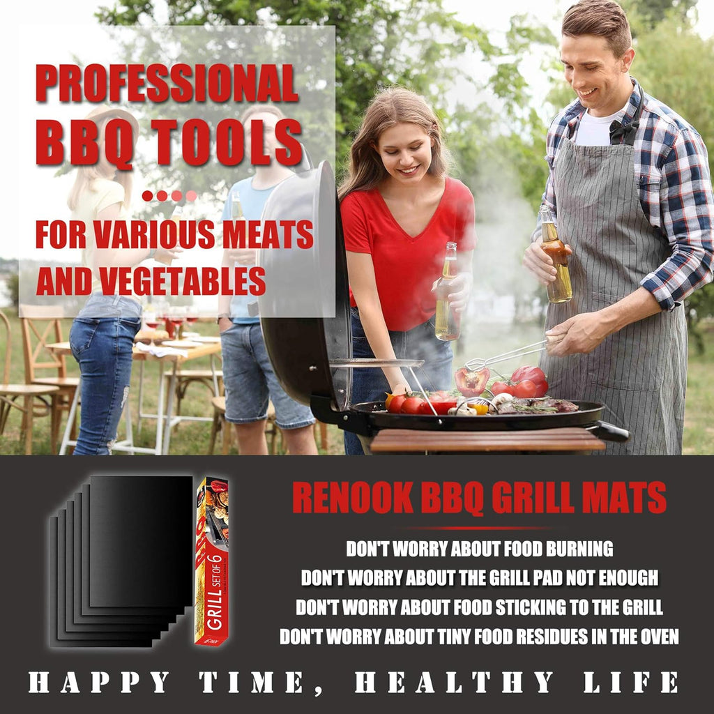 Grill Mat Set of 6-100% Non-Stick Reusable Mats for Gas, Charcoal or Electric Grills - Easy to Clean - 15.75 x 13-Inch, Black
