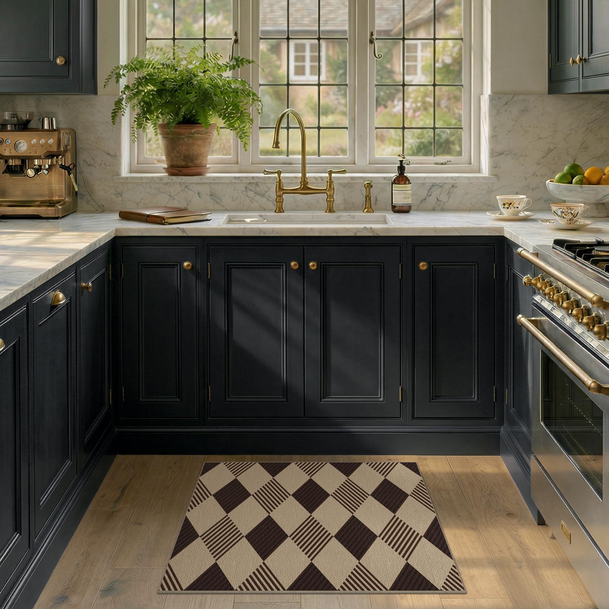 Washable Plaid Indoor Outdoor Rug 3x5 for Front Porch, Entryway, Patio, No Shed Easy Jute Non Slip TPR Backing Area Rug for Large Kitchen, Farmhouse Black & Tan Checkered Seegrass Aesthetic
