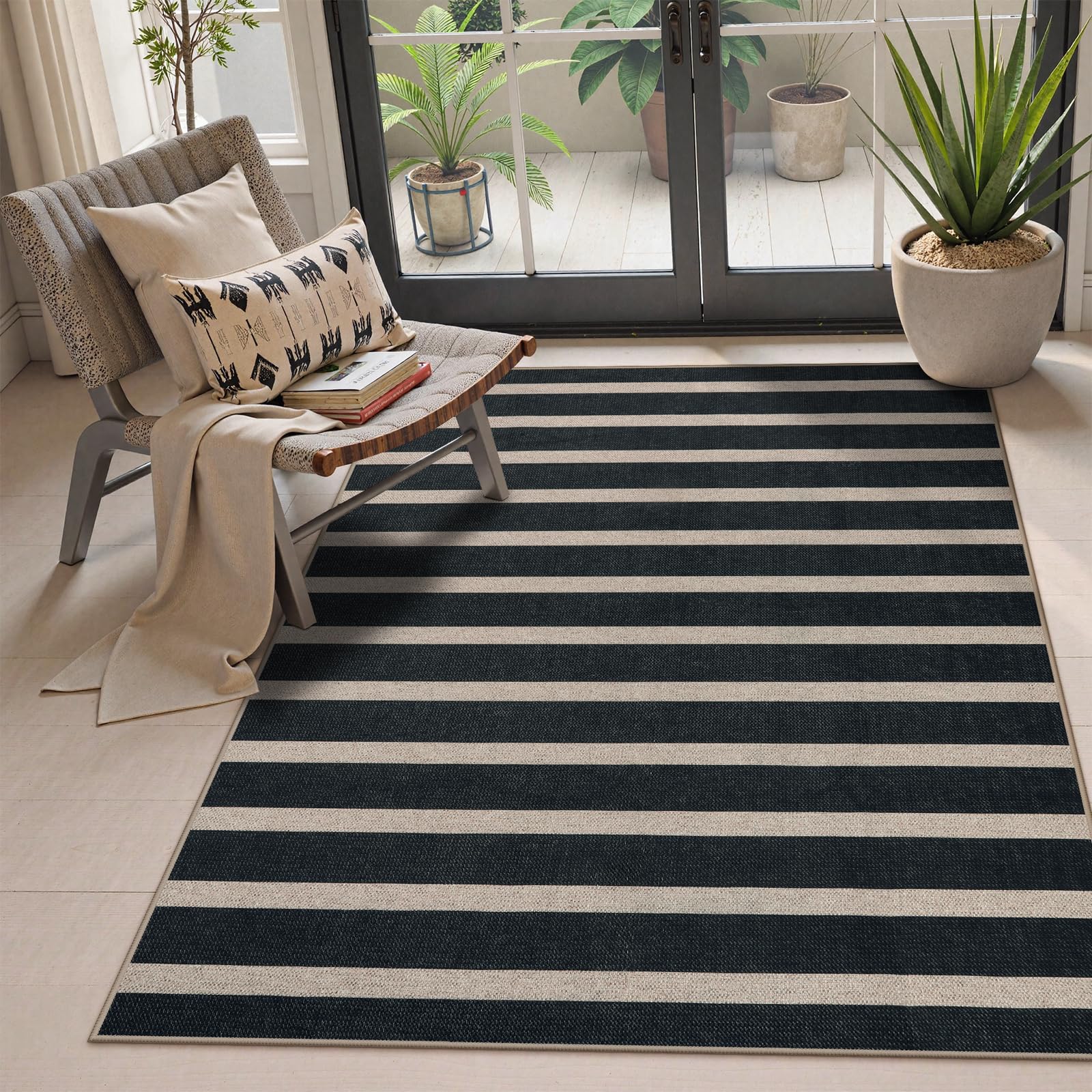 Lahome Striped Easy Jute Outdoor Patio Rug, 3x5 Washable Rugs for Entryway Porch, Farmhouse Neutral Non Shedding Indoor Outdoor Carpet for Entry Kitchen Guestroom Deck Foyer