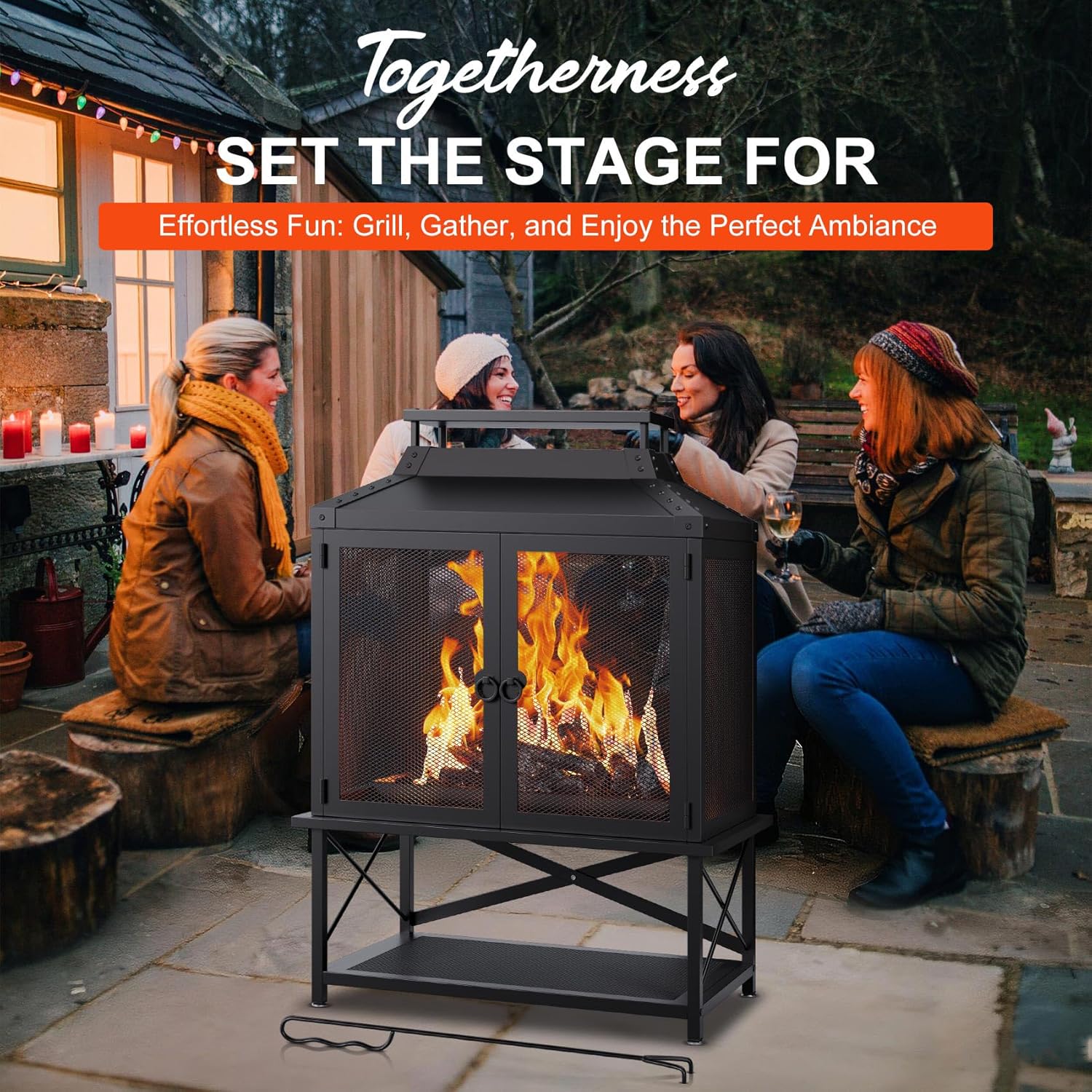 Metal Outdoor Fireplace for Patio - 39" H Square Chiminea Fire Pits Outside Wood Burning with Grill, Mesh Spark Screen & Fire Poker, for Garden, Backyard, Party, Camping, Picnic, BBQ, Bonfire
