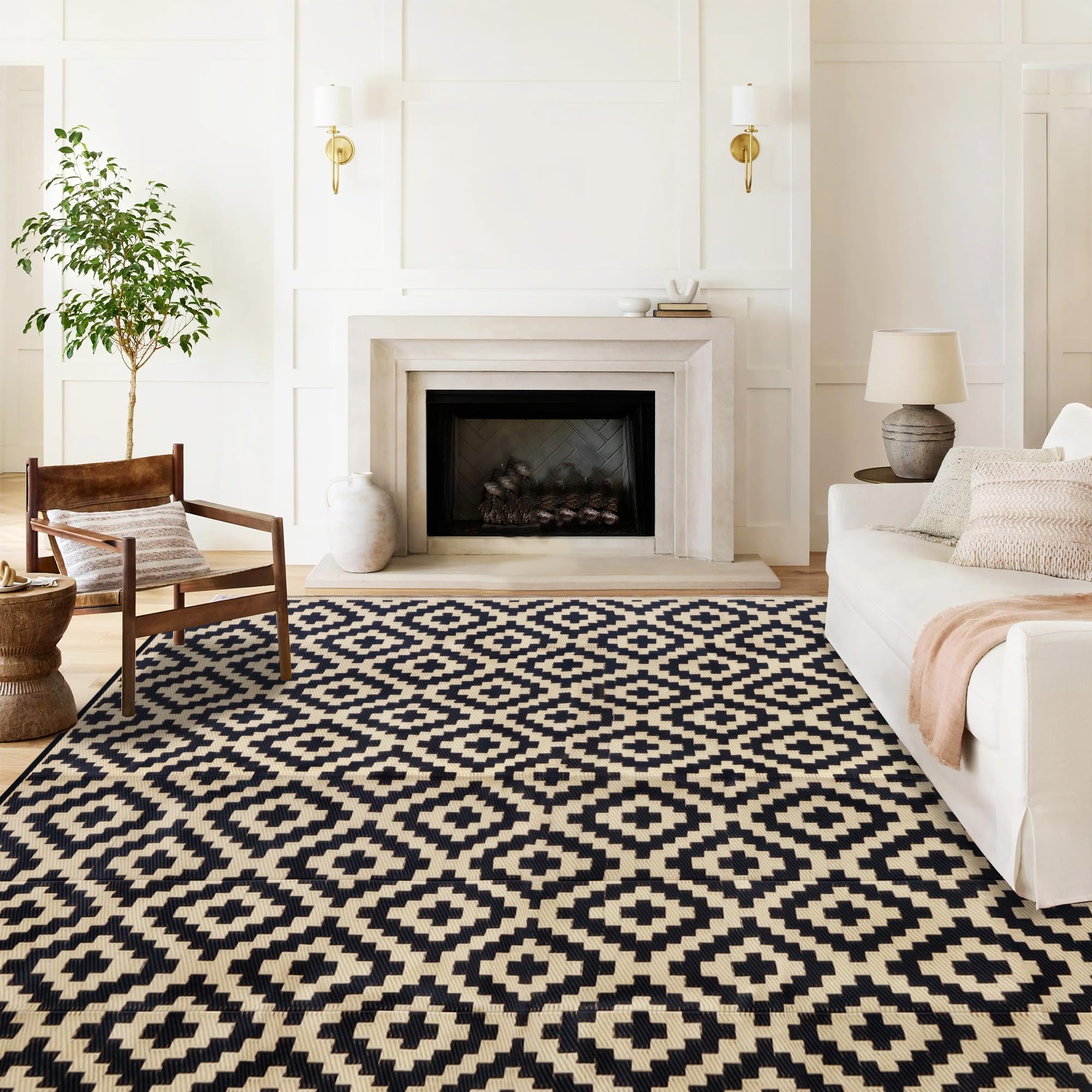 SAND MINE Waterproof Outdoor Rug 5x8 ft, Plastic Reversible Rug, Modern Area Rug, Large Floor Mat for Outdoors, RV, Patio, Backyard, Deck, Picnic, Beach, Camping, Black & Beige
