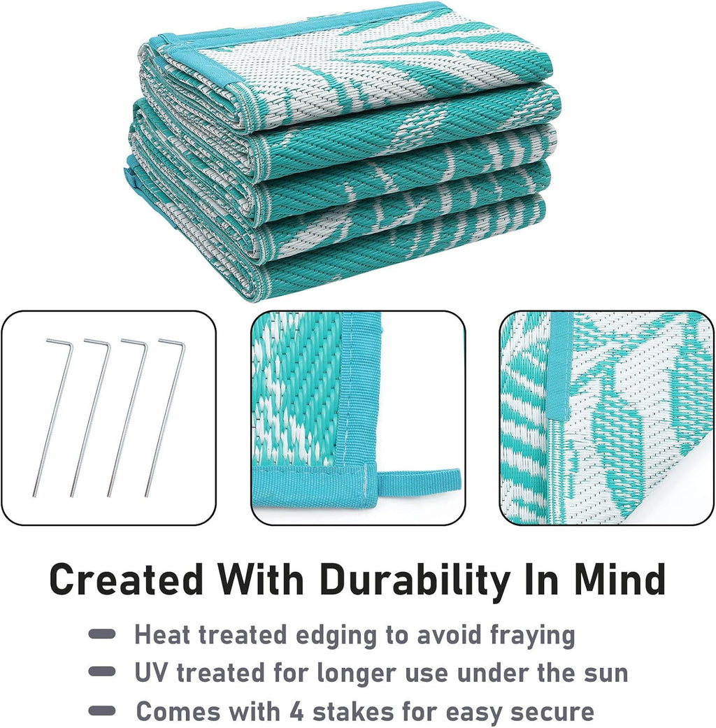 Outdoor Rug for Patios Clearance, 6x9 Waterproof RV Rugs for Outside, Reversible Plastic Straw Mat Large Quick Drying Outdoor Rugs for Deck Trailers Campers Porch Beach Backyard,Teal & White