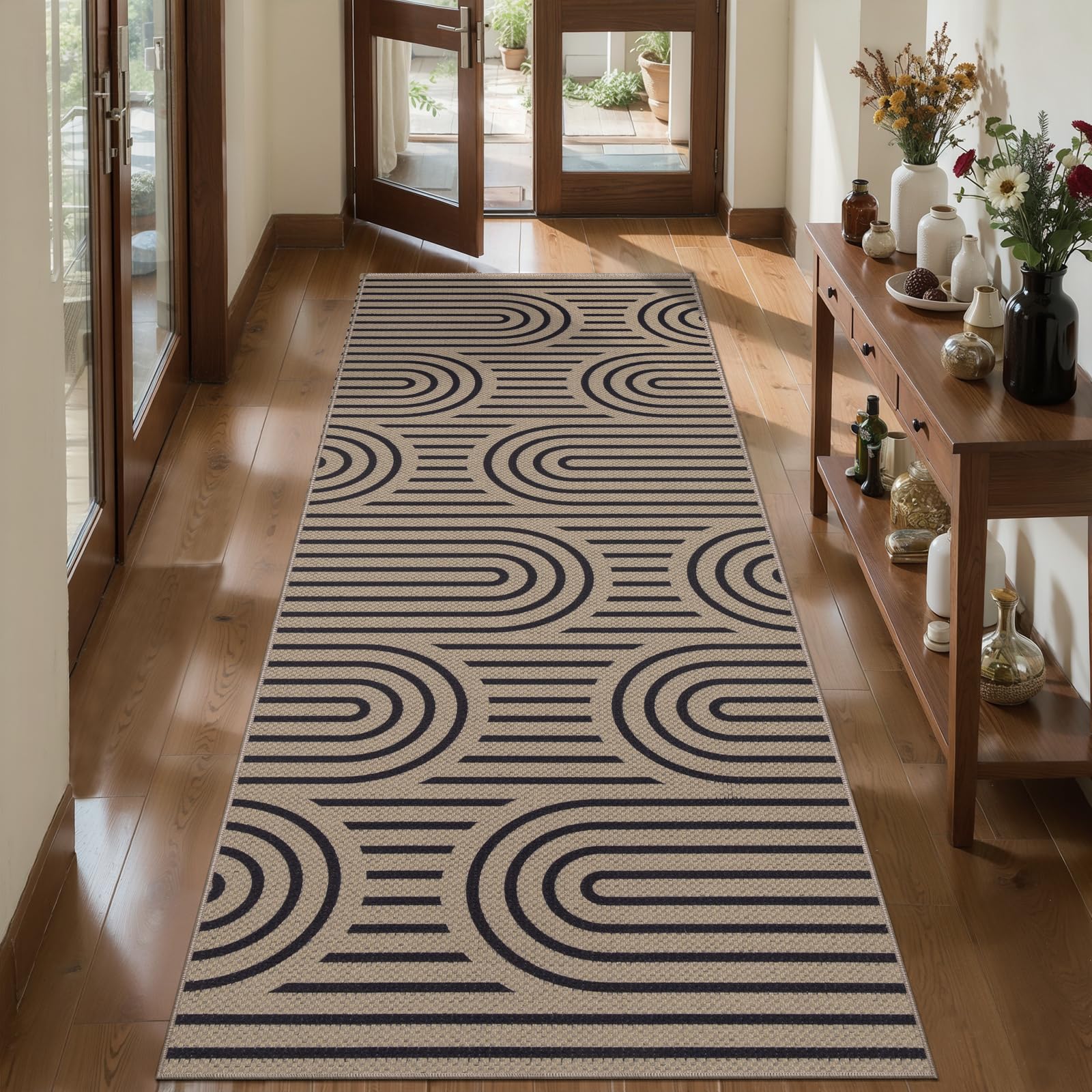 Tangsoo Rainbow Easy Jute Rug 5x7 Large Washable Area Rug for Living Room,Black Non-Slip Thin Outdoor Rug,Modern Farmhouse Indoor Carpet for Dining Room Table Bedroom Patio