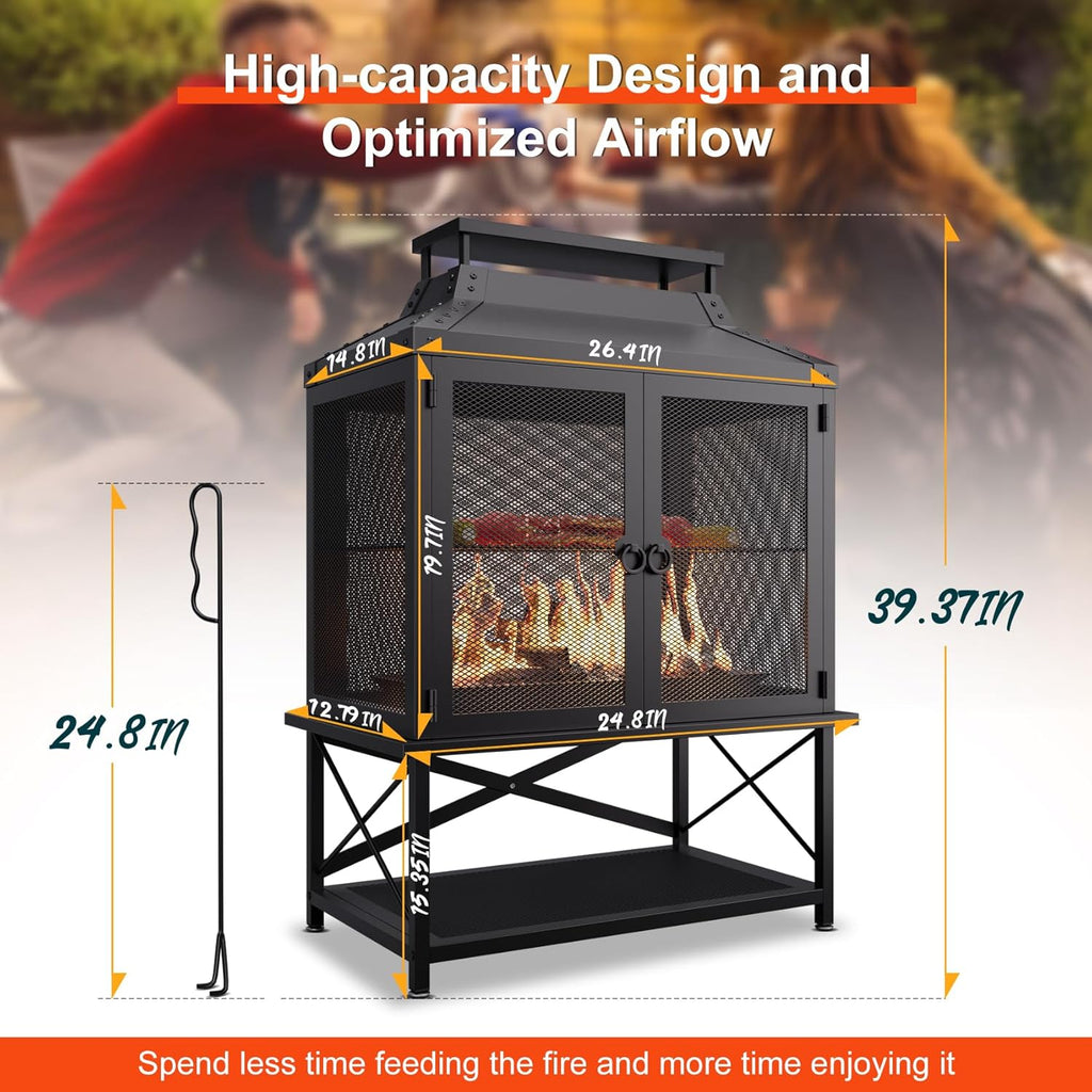 Metal Outdoor Fireplace for Patio - 39" H Square Chiminea Fire Pits Outside Wood Burning with Grill, Mesh Spark Screen & Fire Poker, for Garden, Backyard, Party, Camping, Picnic, BBQ, Bonfire