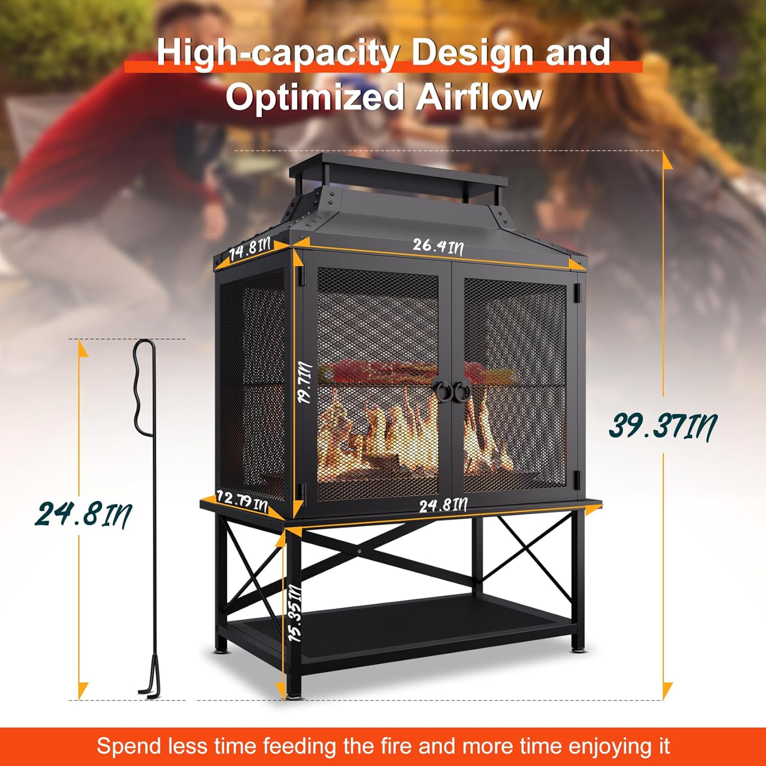 Metal Outdoor Fireplace for Patio - 39" H Square Chiminea Fire Pits Outside Wood Burning with Grill, Mesh Spark Screen & Fire Poker, for Garden, Backyard, Party, Camping, Picnic, BBQ, Bonfire