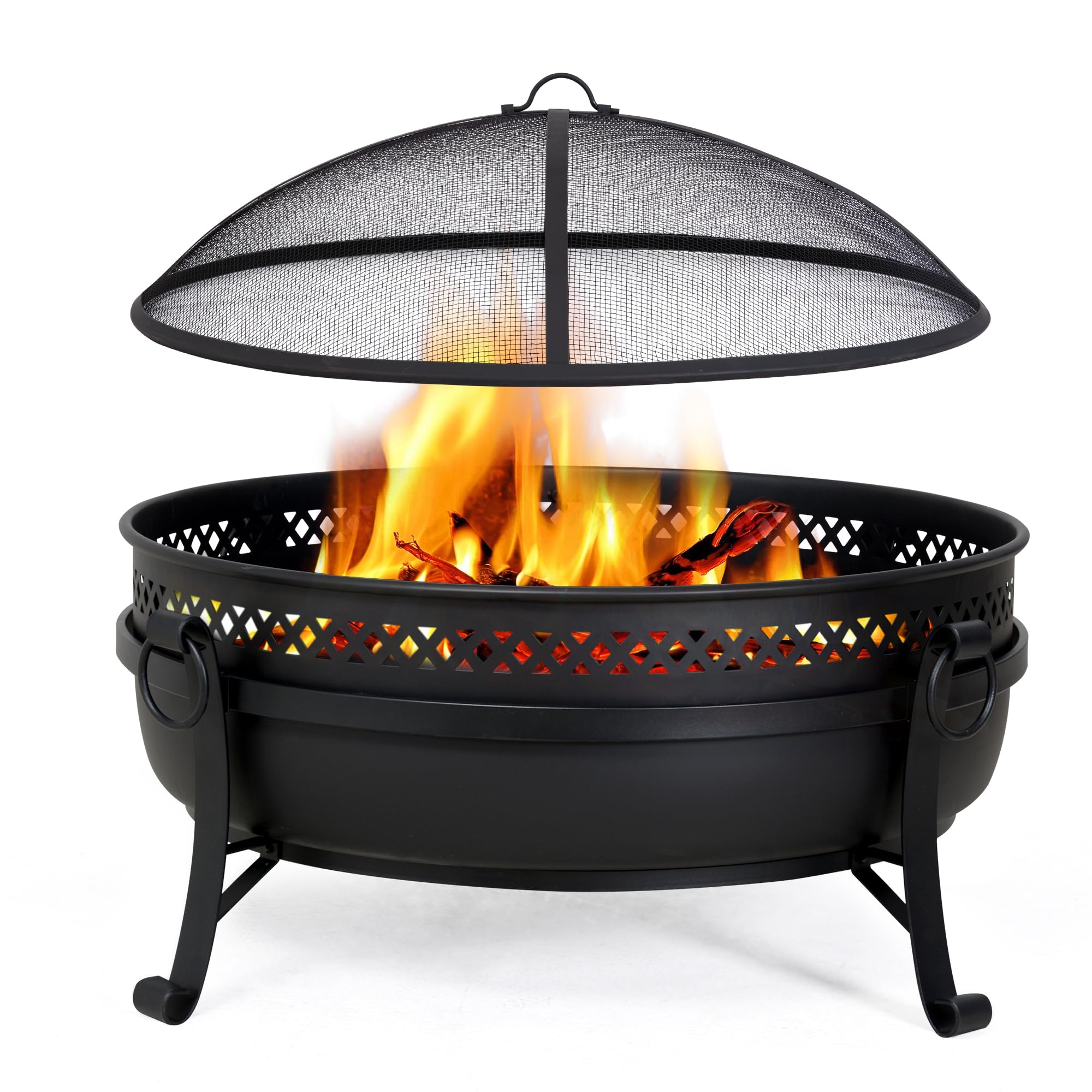 SUNCREAT 42" Outdoor Portable Fire Pit with Spark Screen, Fire Poker, Wood Burning Patio Fire Pits with Protective Ring, Black