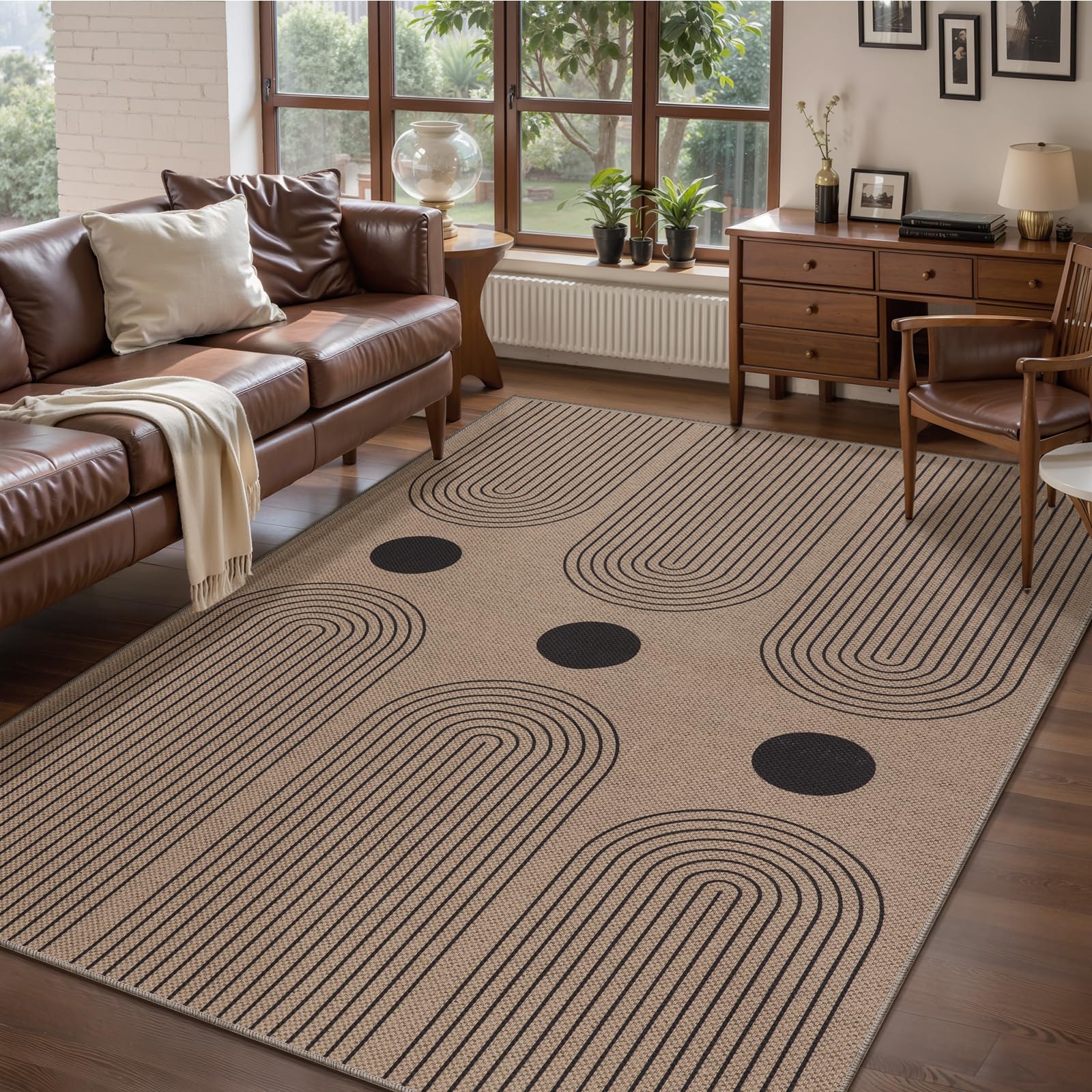 Tangsoo Rainbow Easy Jute Rug 5x7 Large Washable Area Rug for Living Room,Black Non-Slip Thin Outdoor Rug,Modern Farmhouse Indoor Carpet for Dining Room Table Bedroom Patio