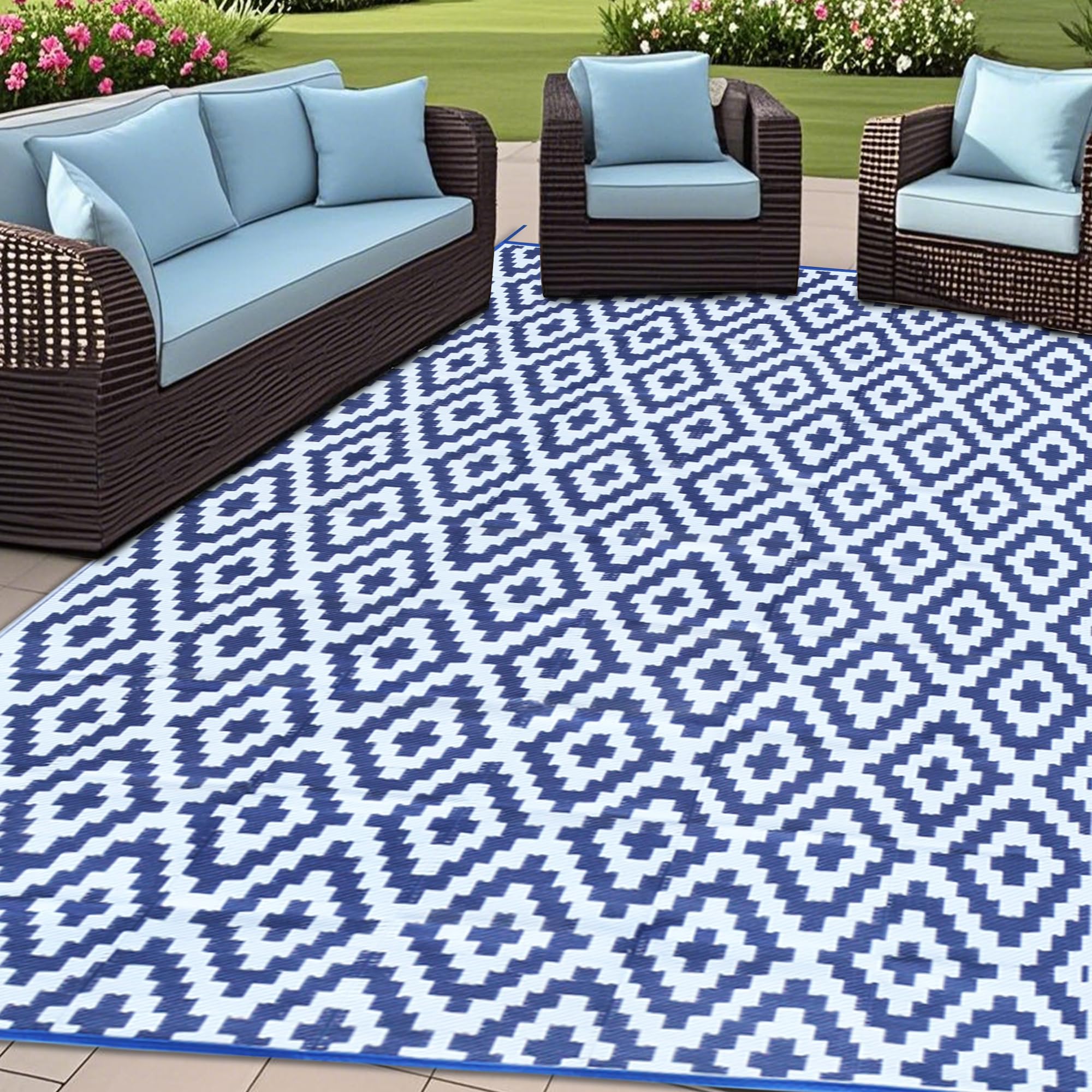 SAND MINE Waterproof Outdoor Rug 5x8 ft, Plastic Reversible Rug, Modern Area Rug, Large Floor Mat for Outdoors, RV, Patio, Backyard, Deck, Picnic, Beach, Camping, Black & Beige
