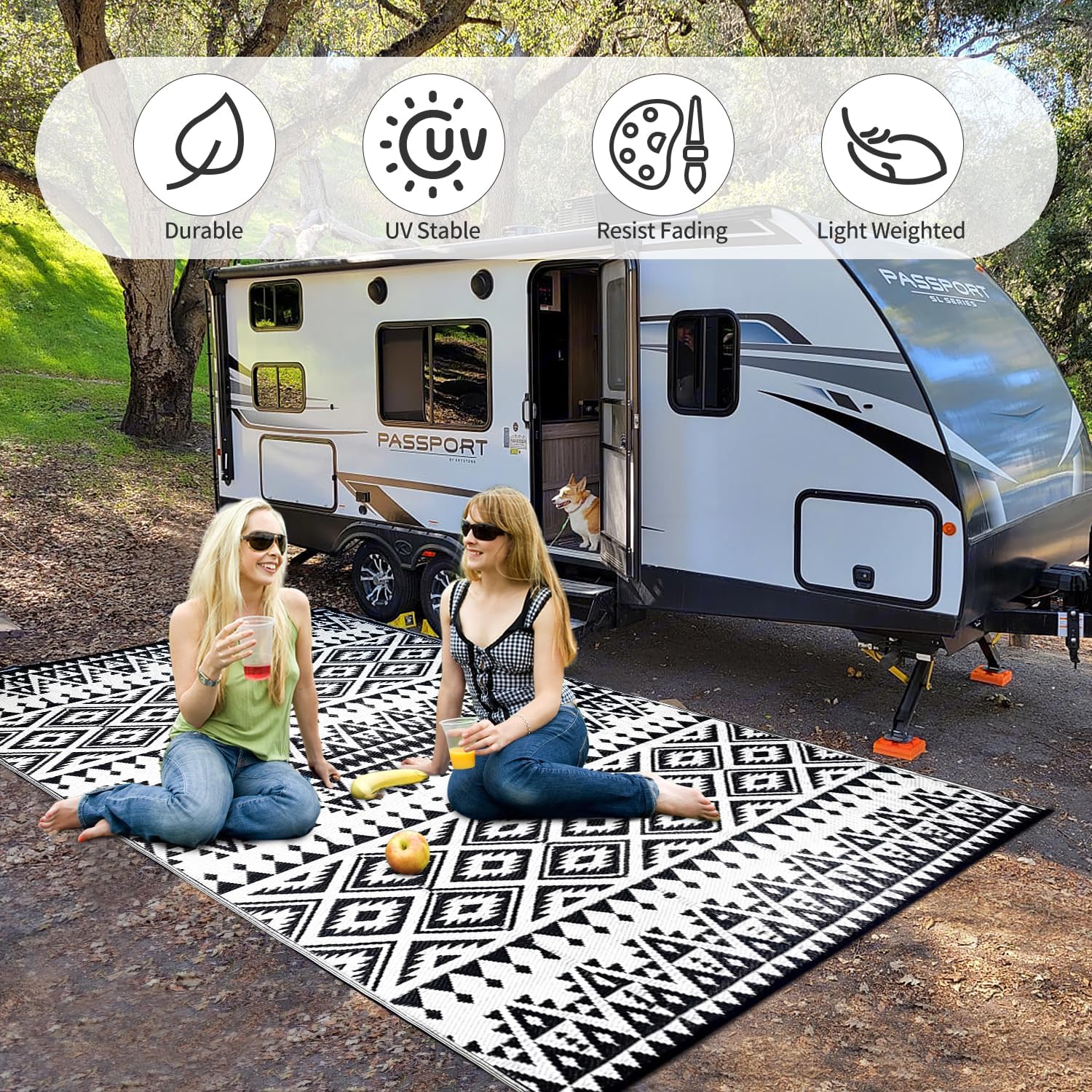 Waterproof Outdoor Rug 5x8ft, Bohemia Reversible Plastic Straw Mat for Patio RV Deck Porch Backyard Balcony Camping Picnic Beach Indoor Outdoor Carpet, Black&White