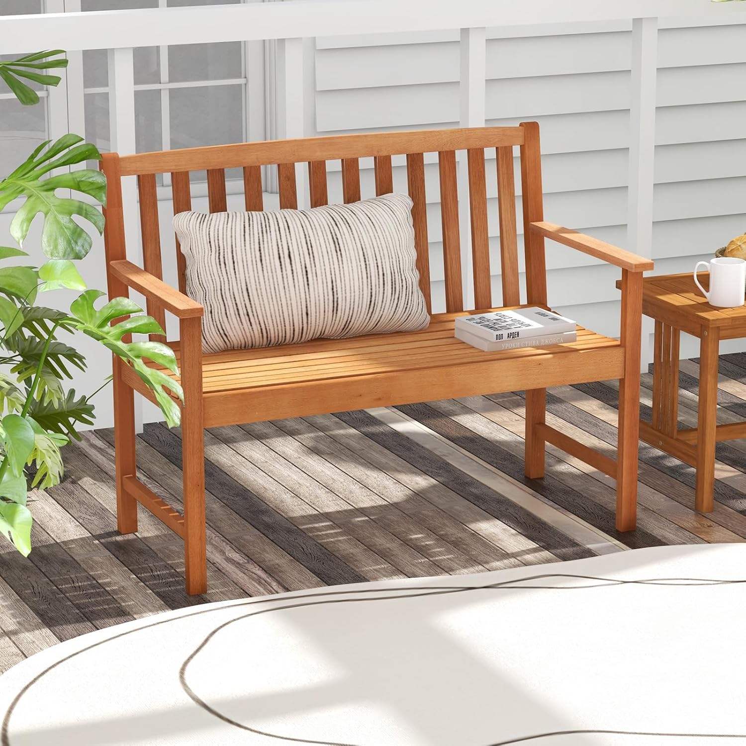 Tangkula Outdoor Garden Bench, 2-Person Eucalyptus Wood Bench with Backrest, Armrests and Slatted Seat, Patio Garden Bench for Yard, Porch, 800 lbs Capacity, Natural