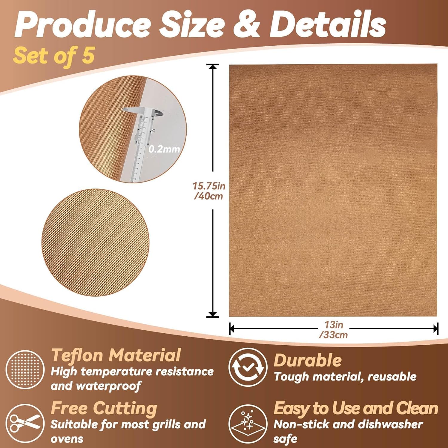 RAINFLOW Copper Grill Mats 5 Pack – Nonstick BBQ Grill Mats for Outdoor Grilling, Reusable Grill Cooking Mats for Gas, Charcoal & Electric Grills, 15.75 x 13 in