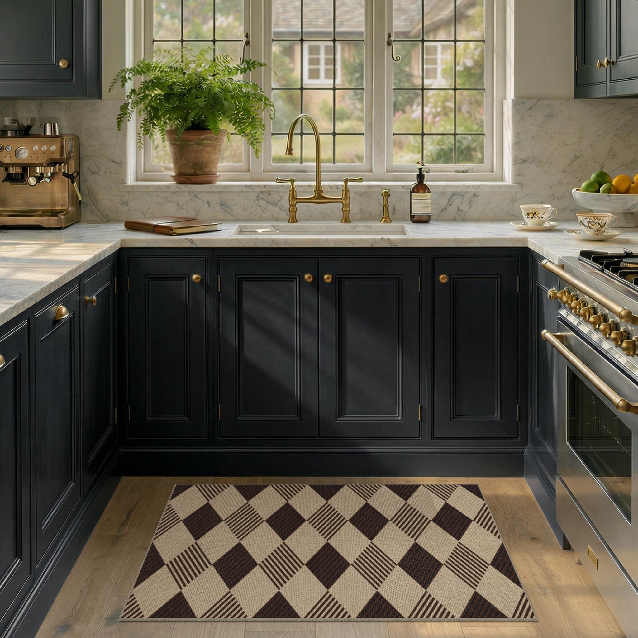 Washable Plaid Indoor Outdoor Rug 3x5 for Front Porch, Entryway, Patio, No Shed Easy Jute Non Slip TPR Backing Area Rug for Large Kitchen, Farmhouse Black & Tan Checkered Seegrass Aesthetic