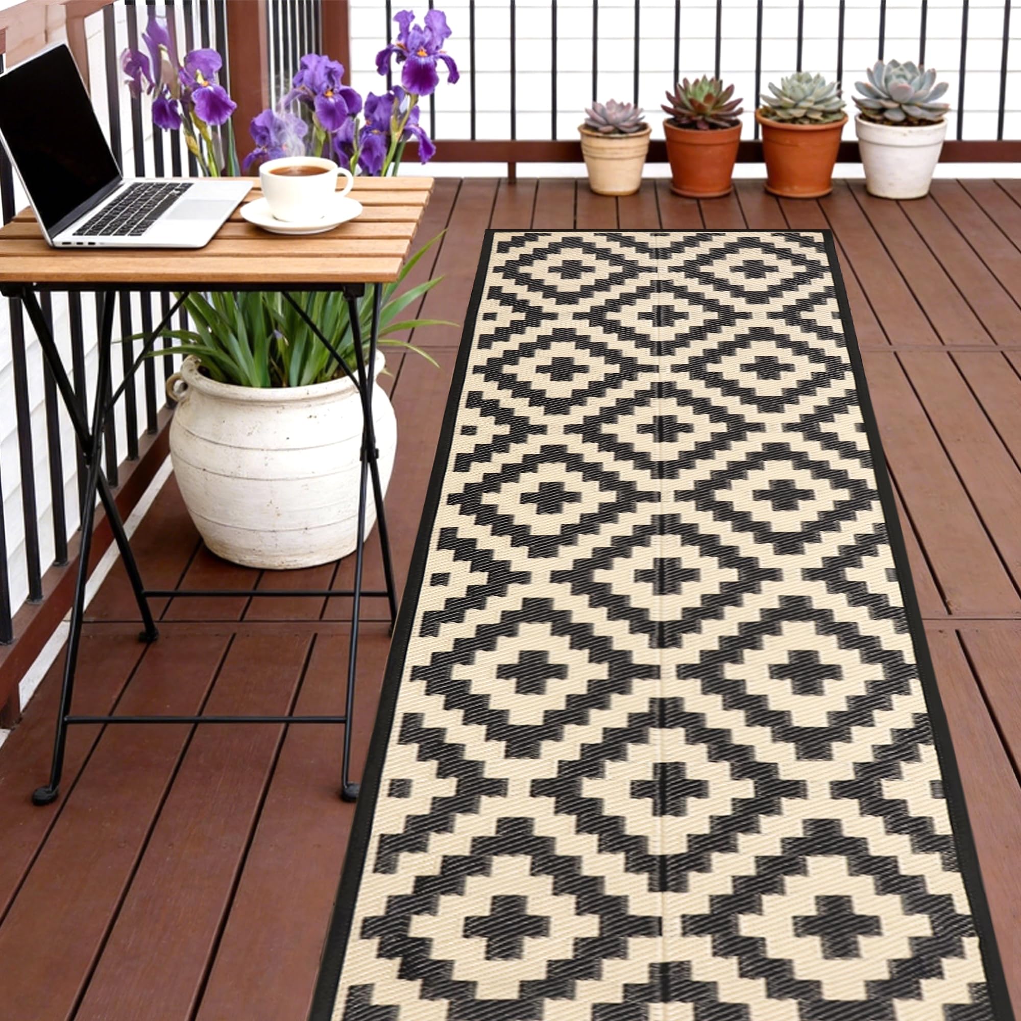 SAND MINE Waterproof Outdoor Rug 5x8 ft, Plastic Reversible Rug, Modern Area Rug, Large Floor Mat for Outdoors, RV, Patio, Backyard, Deck, Picnic, Beach, Camping, Black & Beige
