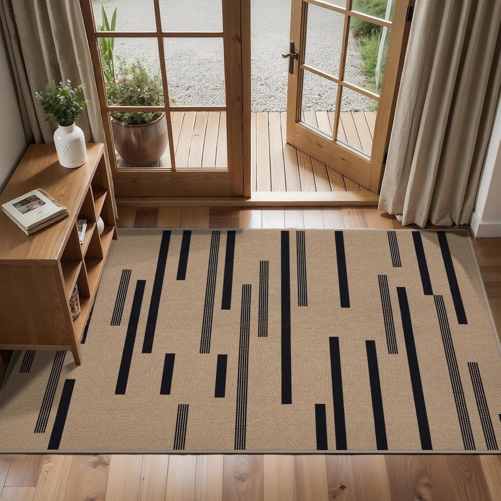 Tangsoo Rainbow Easy Jute Rug 5x7 Large Washable Area Rug for Living Room,Black Non-Slip Thin Outdoor Rug,Modern Farmhouse Indoor Carpet for Dining Room Table Bedroom Patio
