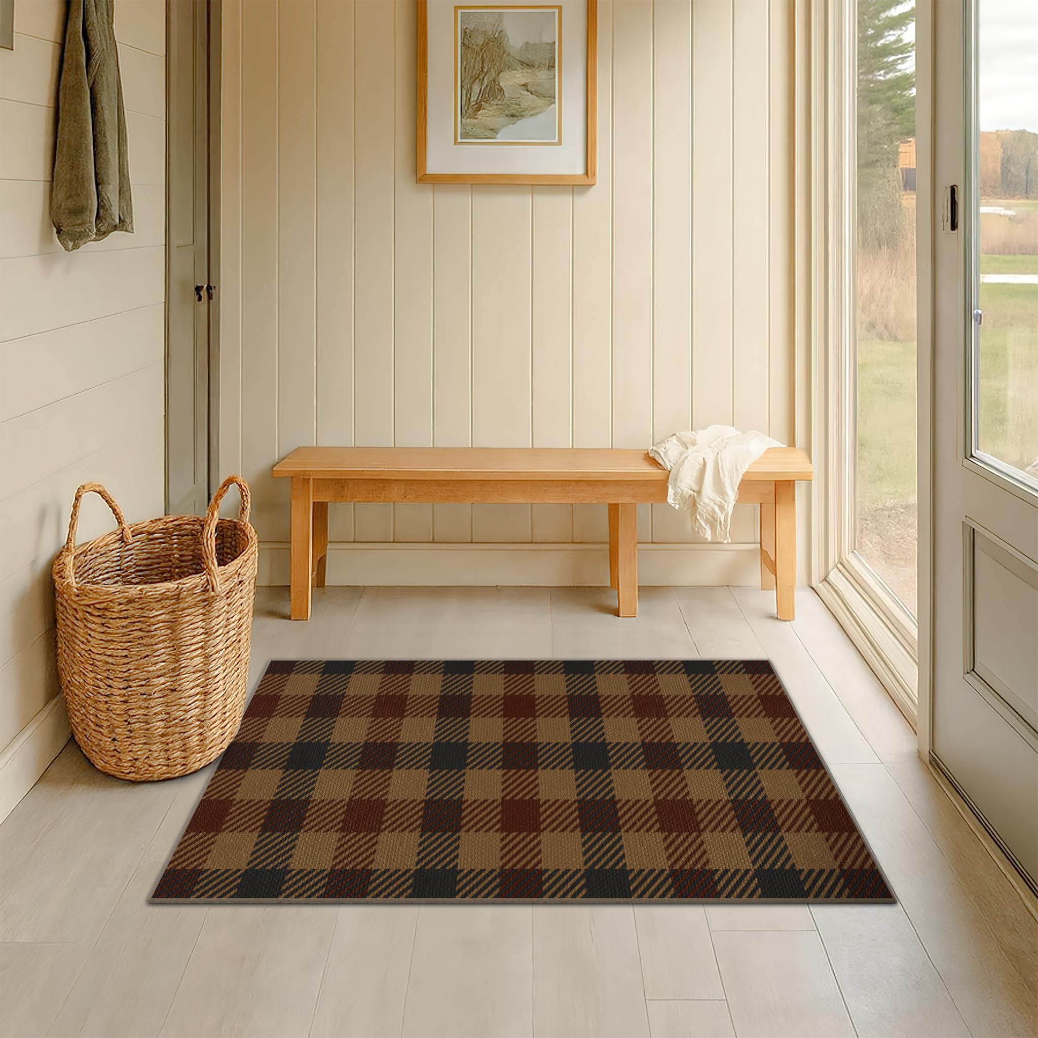 Washable Plaid Indoor Outdoor Rug 3x5 for Front Porch, Entryway, Patio, No Shed Easy Jute Non Slip TPR Backing Area Rug for Large Kitchen, Farmhouse Black & Tan Checkered Seegrass Aesthetic