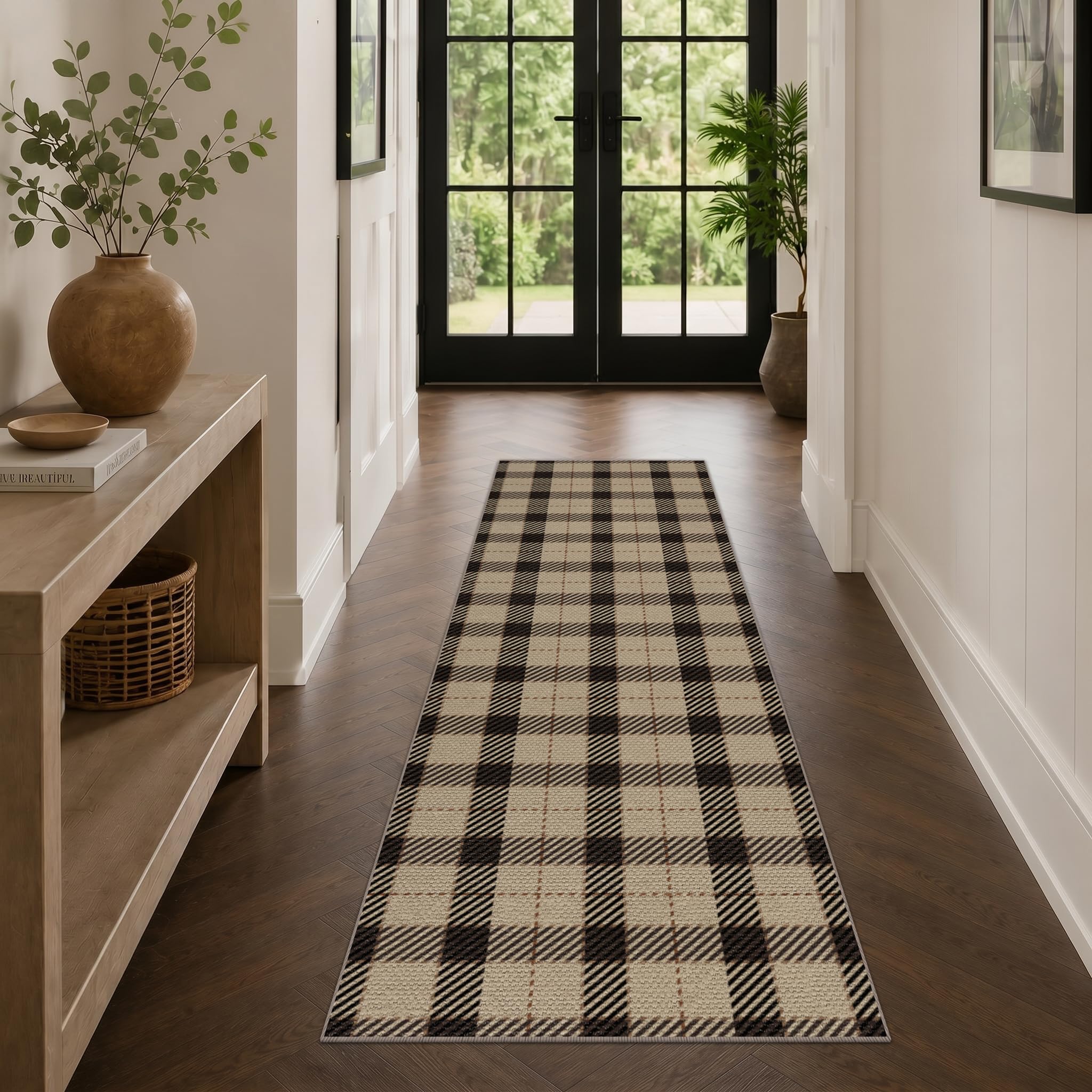 Washable Plaid Indoor Outdoor Rug 3x5 for Front Porch, Entryway, Patio, No Shed Easy Jute Non Slip TPR Backing Area Rug for Large Kitchen, Farmhouse Black & Tan Checkered Seegrass Aesthetic