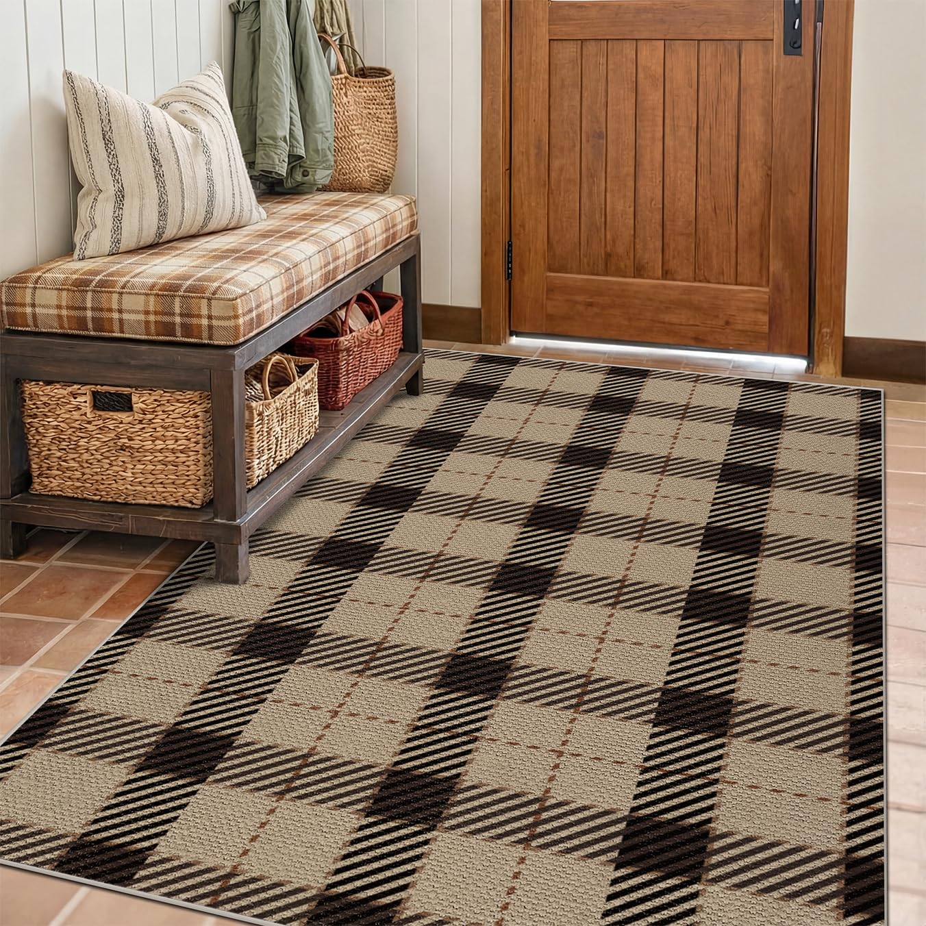 Washable Plaid Indoor Outdoor Rug 3x5 for Front Porch, Entryway, Patio, No Shed Easy Jute Non Slip TPR Backing Area Rug for Large Kitchen, Farmhouse Black & Tan Checkered Seegrass Aesthetic