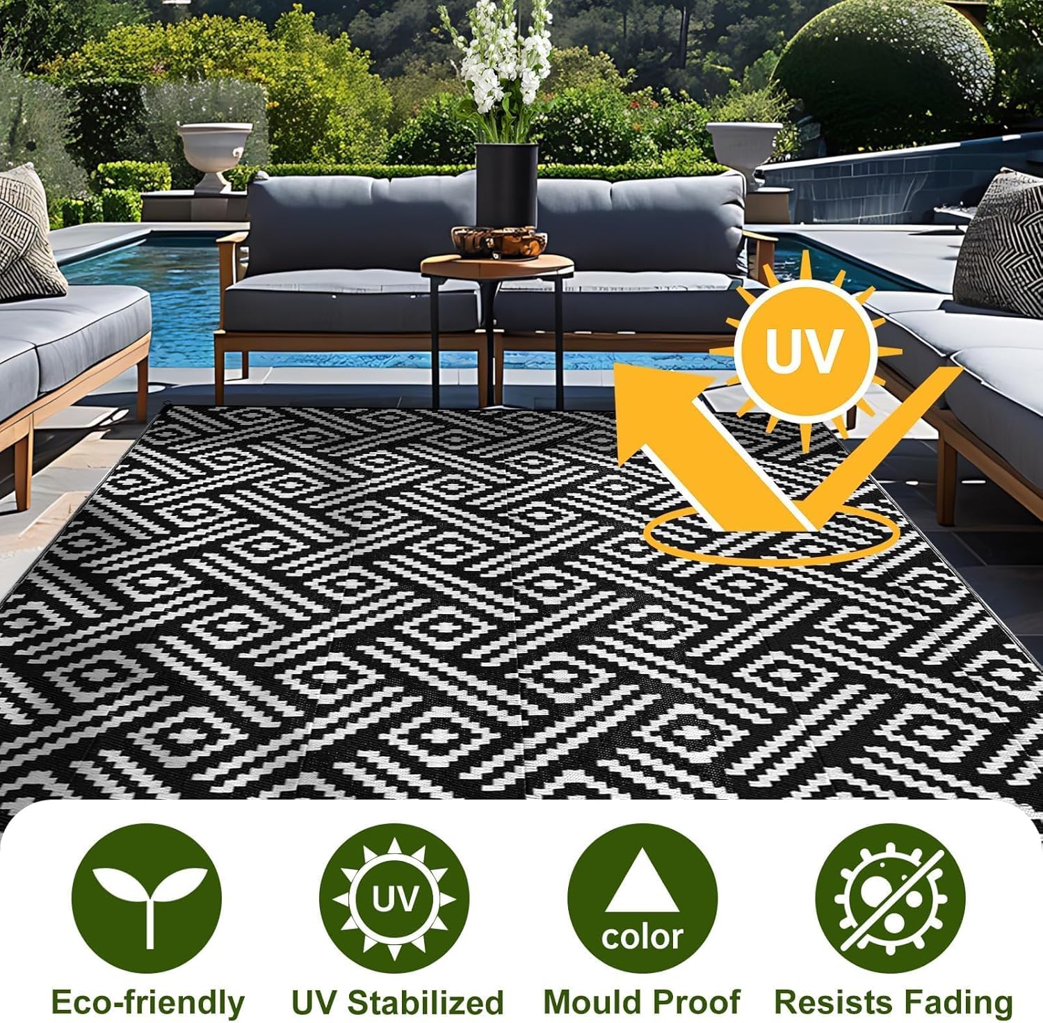 OPPODREAM Outdoor Rug 9x12 Patio Waterproof, Large Outdoor Plastic Straw Rug, Reversible Out Door Carpet for Camping, Deck, Rv, 9 x 12 Area Carpet for Balcony, Porch, Backyard, Black and White