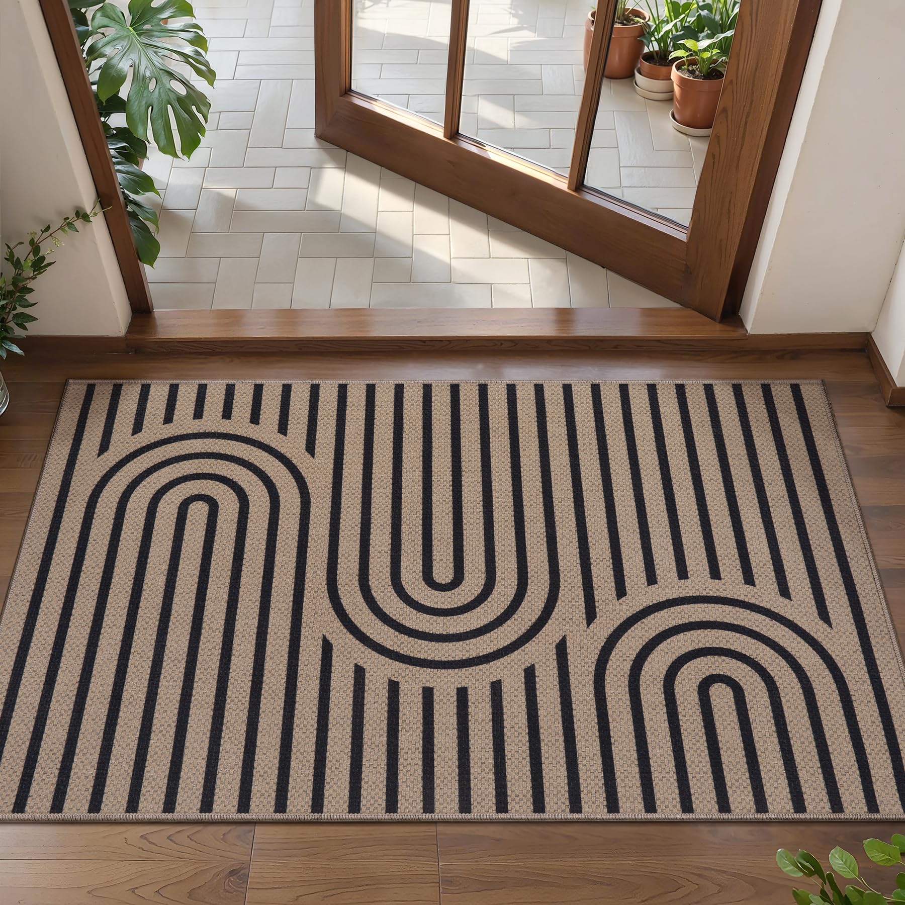 Tangsoo Rainbow Easy Jute Rug 5x7 Large Washable Area Rug for Living Room,Black Non-Slip Thin Outdoor Rug,Modern Farmhouse Indoor Carpet for Dining Room Table Bedroom Patio