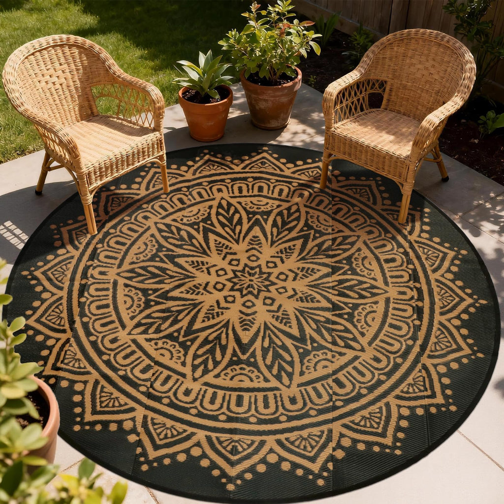 Round Outdoor Rugs 8Ft Waterproof, Outdoor Reversible Mats, Lightweight Plastic Straw Rug, Portable RV Camping Mat Floor Carpets for Deck Porch Picnic Beach Garden, Black/Camel