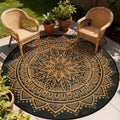 Round Outdoor Rugs 8Ft Waterproof, Outdoor Reversible Mats, Lightweight Plastic Straw Rug, Portable RV Camping Mat Floor Carpets for Deck Porch Picnic Beach Garden, Black/Camel