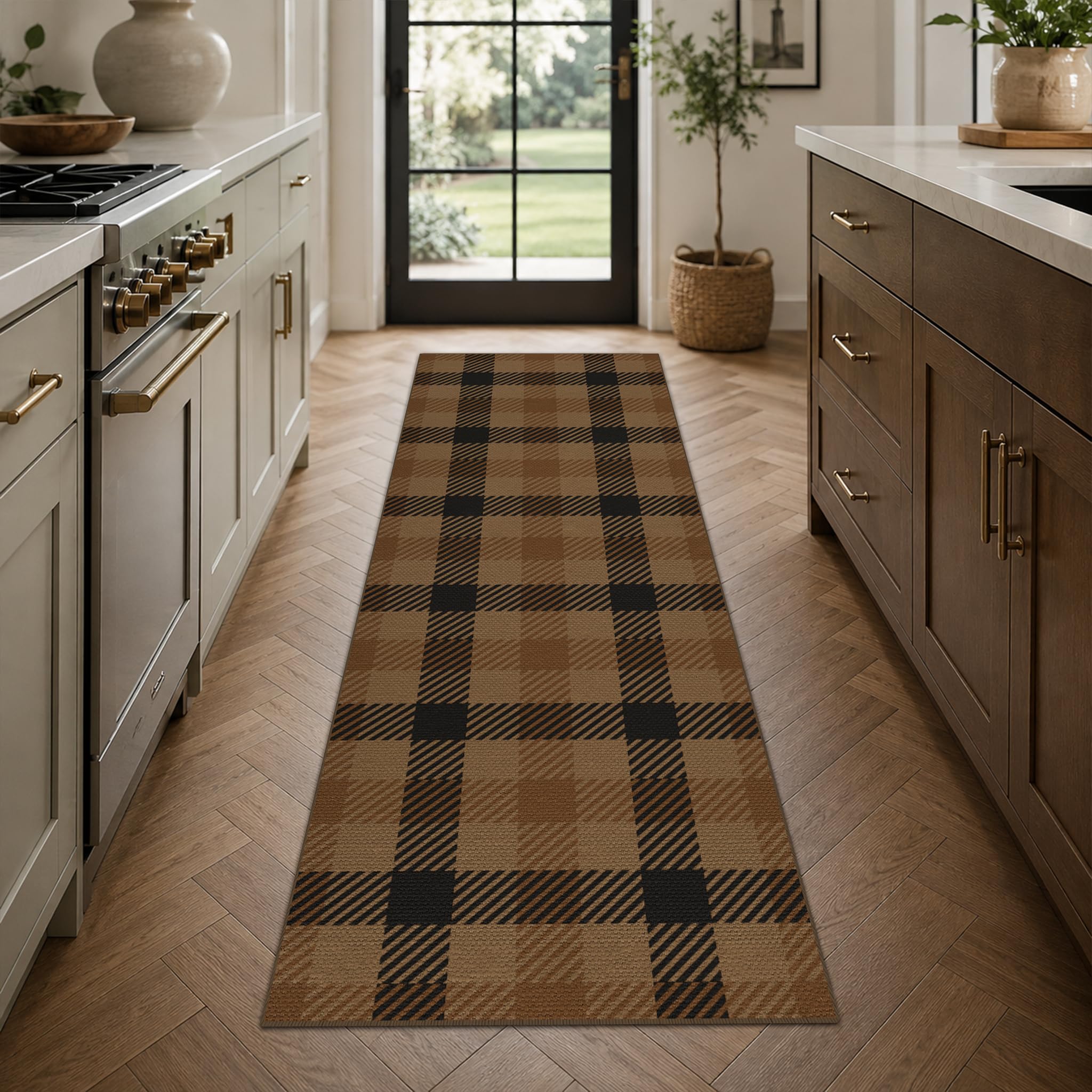 Washable Plaid Indoor Outdoor Rug 3x5 for Front Porch, Entryway, Patio, No Shed Easy Jute Non Slip TPR Backing Area Rug for Large Kitchen, Farmhouse Black & Tan Checkered Seegrass Aesthetic