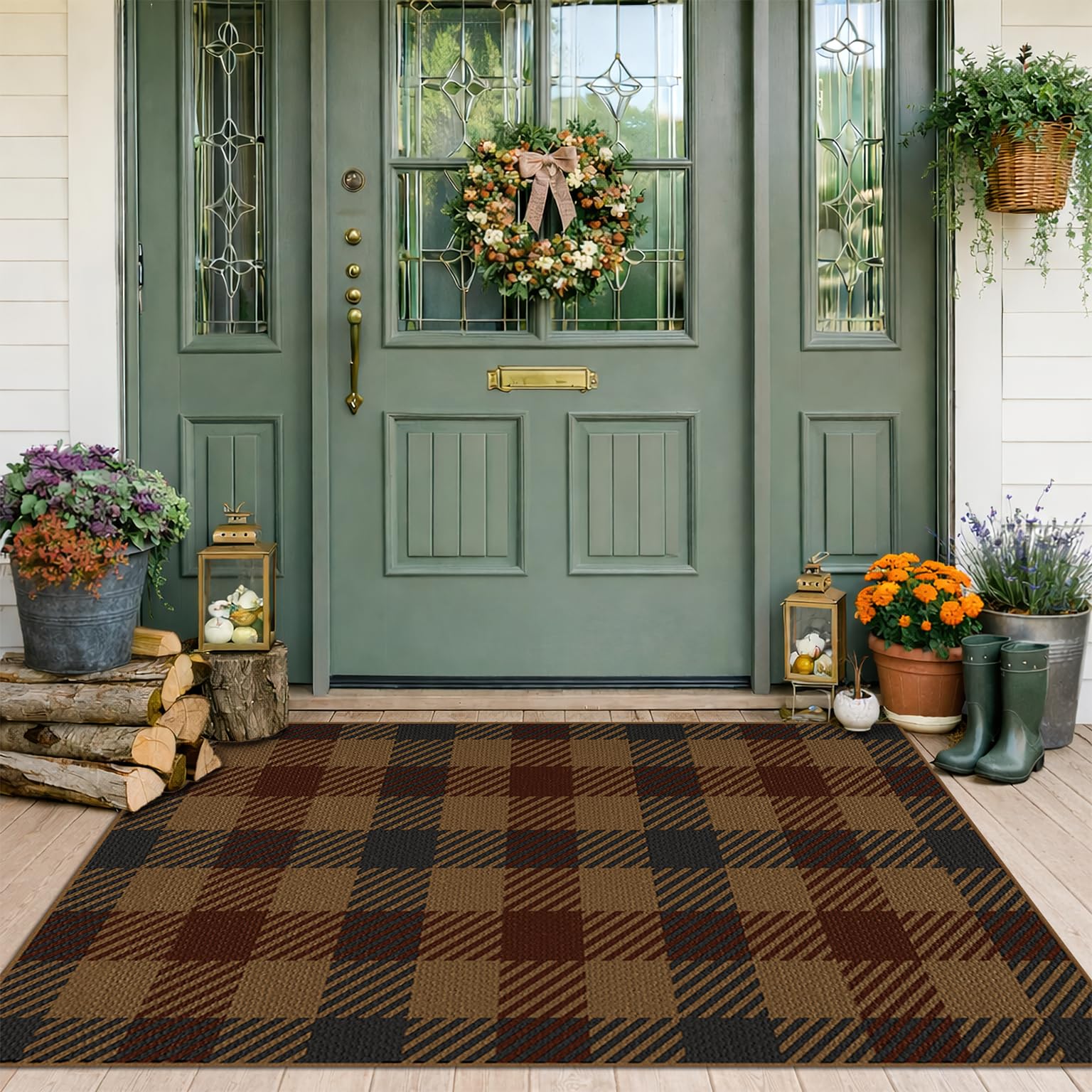 Washable Plaid Indoor Outdoor Rug 3x5 for Front Porch, Entryway, Patio, No Shed Easy Jute Non Slip TPR Backing Area Rug for Large Kitchen, Farmhouse Black & Tan Checkered Seegrass Aesthetic