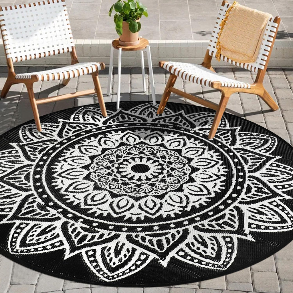 famibay 6 Ft Round Boho Outdoor Plastic Straw Rug, Waterproof, Portable, Reversible, UV-Resistant, Patio, Porch, Camping, Dark Blue