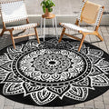 famibay 6 Ft Round Boho Outdoor Plastic Straw Rug, Waterproof, Portable, Reversible, UV-Resistant, Patio, Porch, Camping, Dark Blue