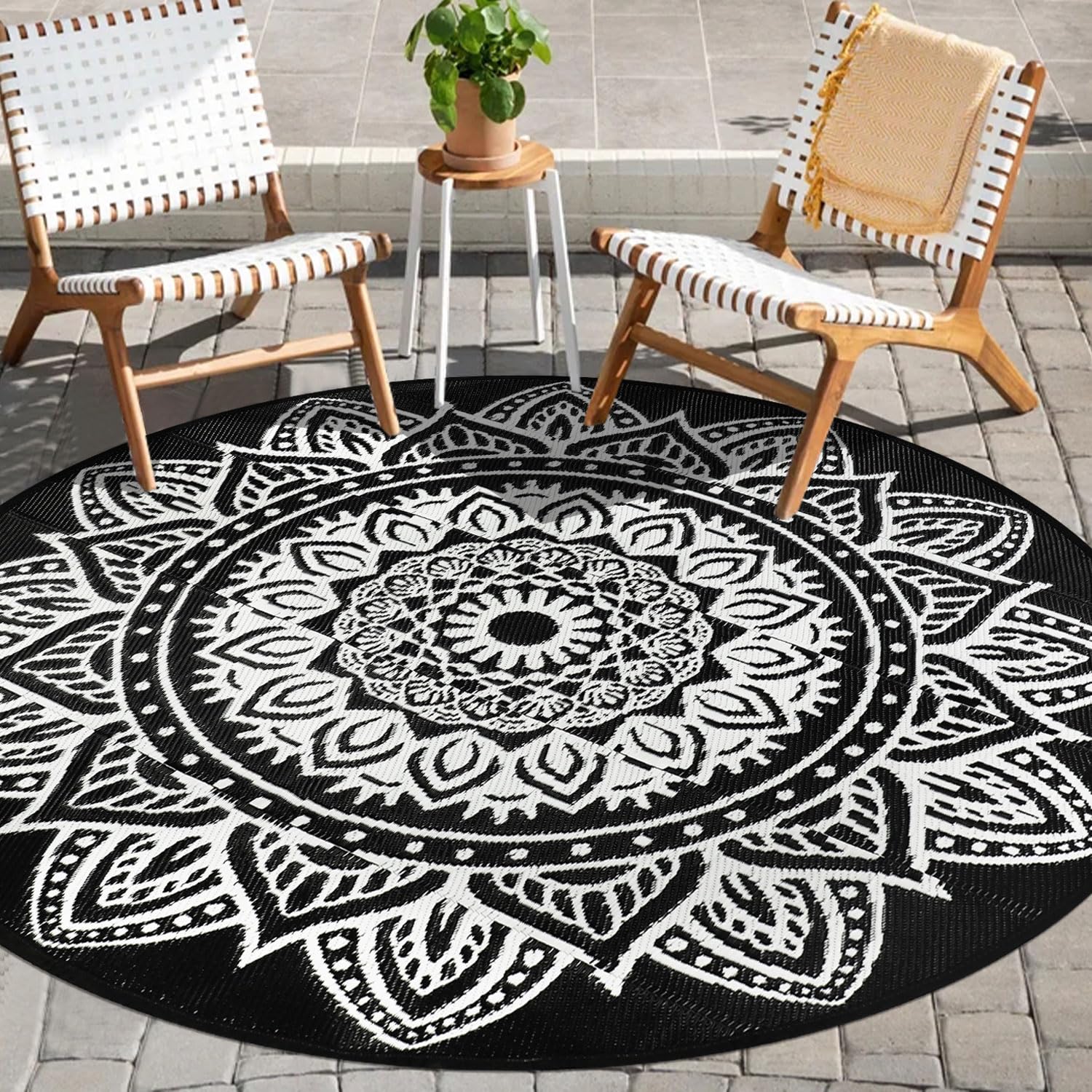 famibay 6 Ft Round Boho Outdoor Plastic Straw Rug, Waterproof, Portable, Reversible, UV-Resistant, Patio, Porch, Camping, Dark Blue