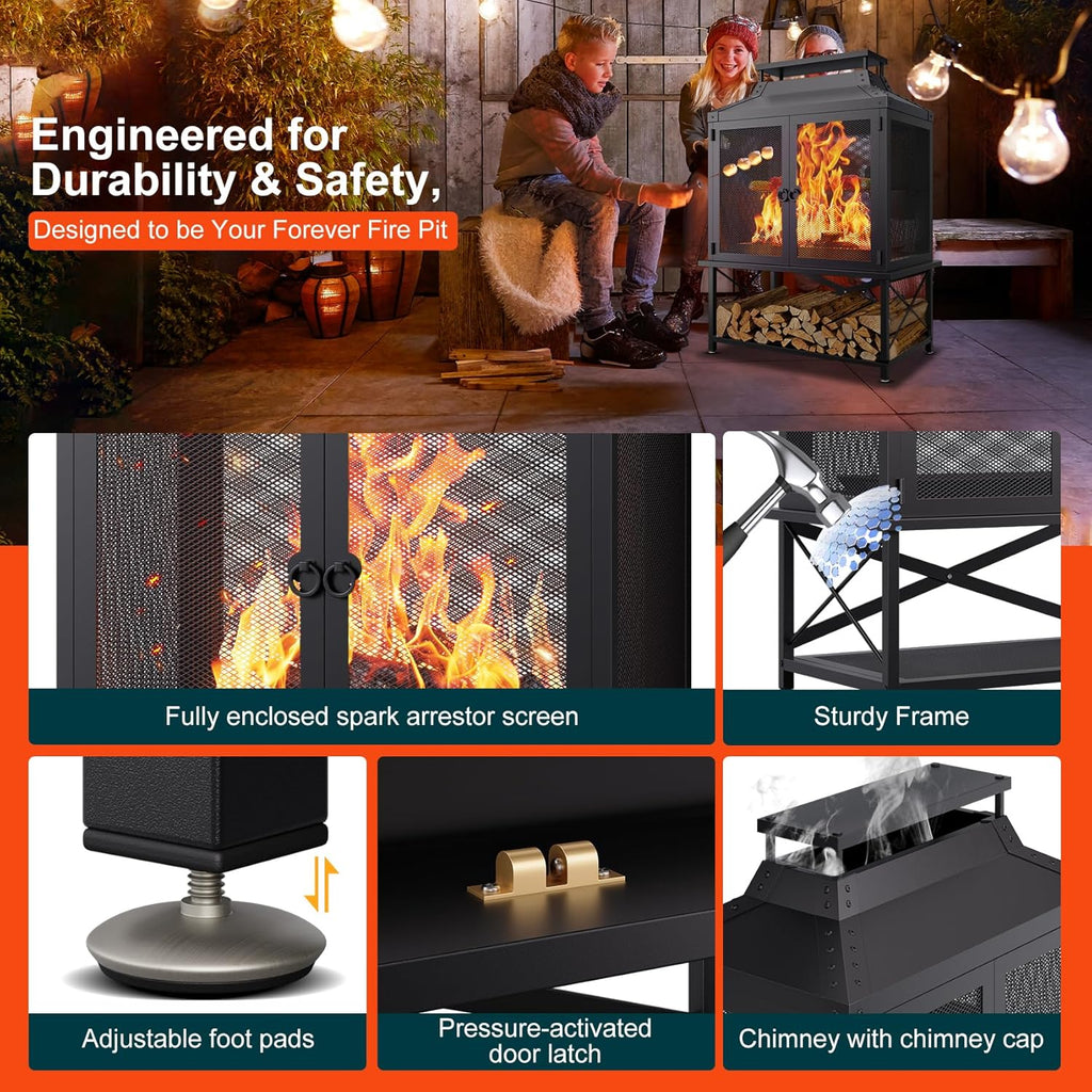 Metal Outdoor Fireplace for Patio - 39" H Square Chiminea Fire Pits Outside Wood Burning with Grill, Mesh Spark Screen & Fire Poker, for Garden, Backyard, Party, Camping, Picnic, BBQ, Bonfire