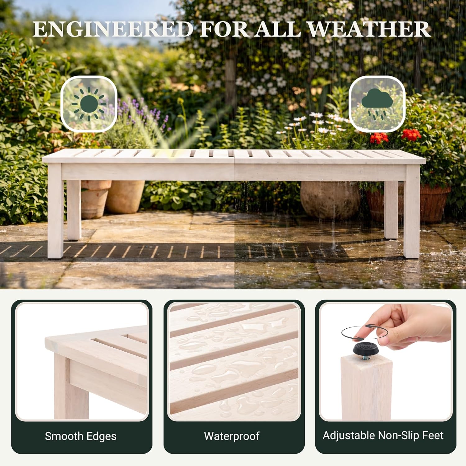 Premium Wooden Backless Bench with Slatted Seat, Eucalyptus Wood Outdoor Patio Garden Bench 52"x16"x17" for Entryway or Indoor Outdoor Seating (Whitewash)