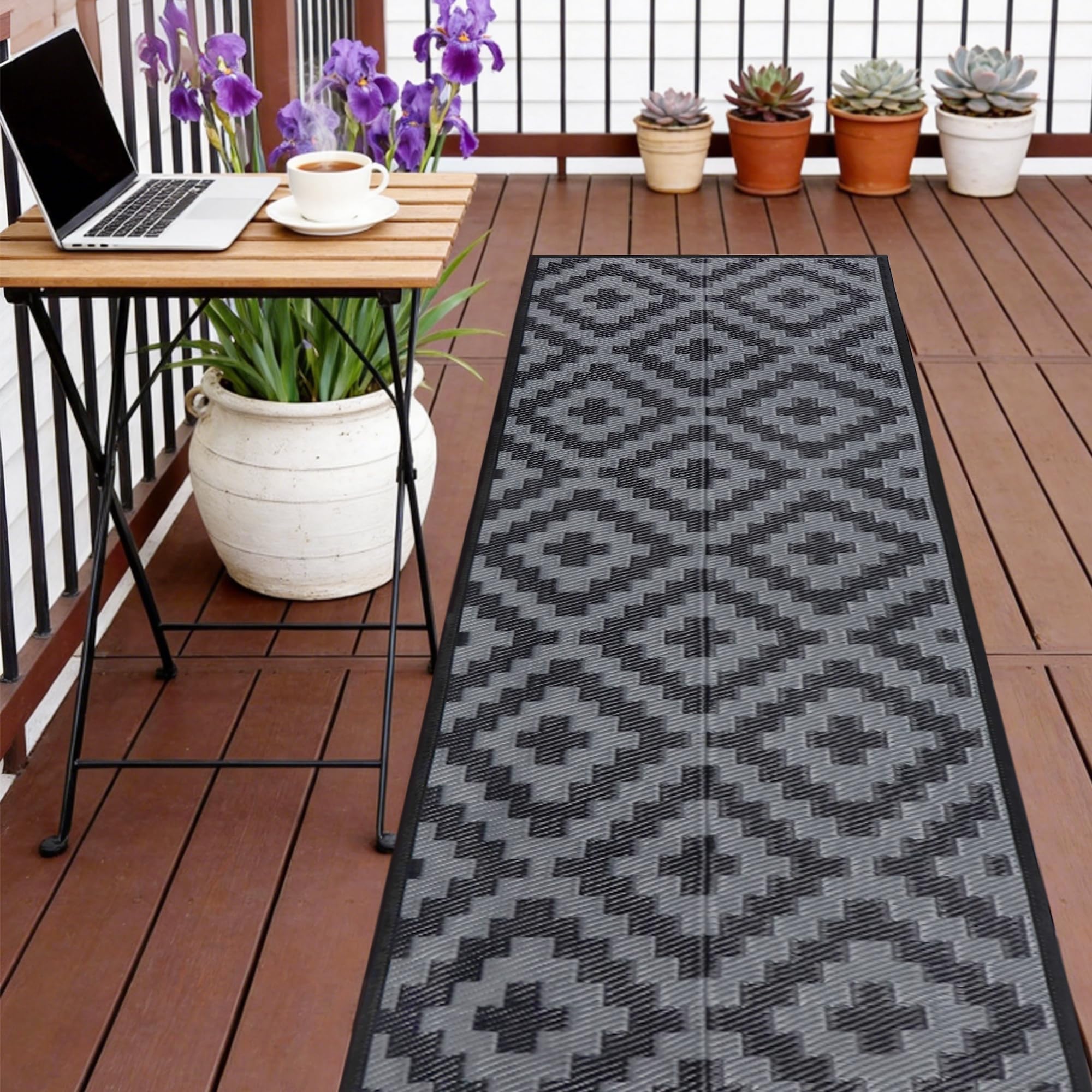 SAND MINE Waterproof Outdoor Rug 5x8 ft, Plastic Reversible Rug, Modern Area Rug, Large Floor Mat for Outdoors, RV, Patio, Backyard, Deck, Picnic, Beach, Camping, Black & Beige