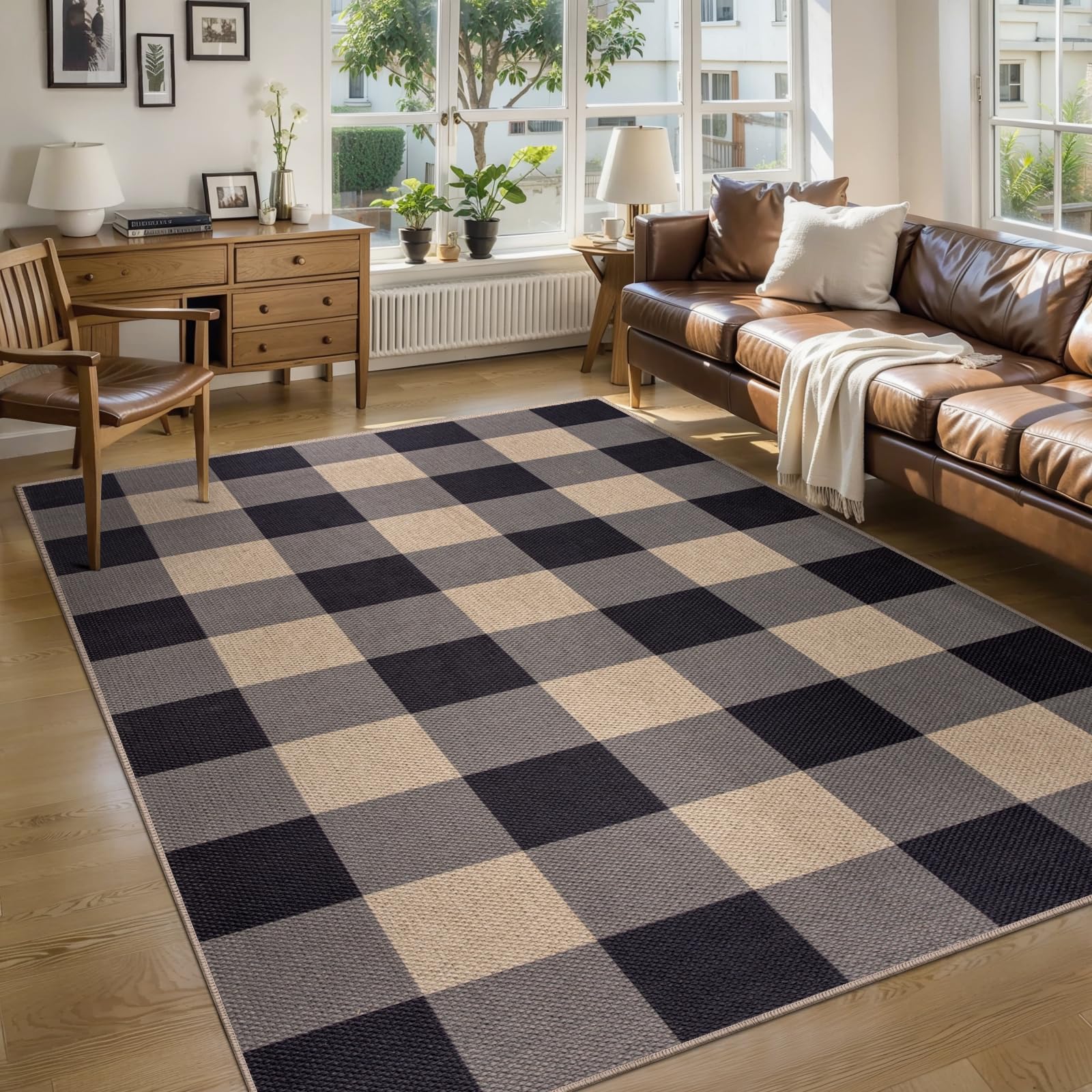 Tangsoo Rainbow Easy Jute Rug 5x7 Large Washable Area Rug for Living Room,Black Non-Slip Thin Outdoor Rug,Modern Farmhouse Indoor Carpet for Dining Room Table Bedroom Patio