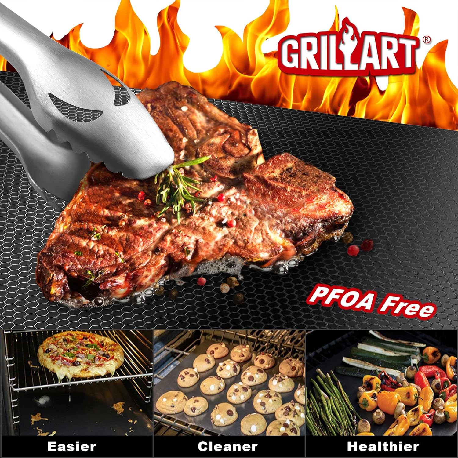 GRILLART BBQ Grill Mats for Outdoor Grill - Nonstick 600 Degree Heavy Duty Grilling Mat (Set of 2) - Reusable BBQ Grill Accessories Sheets -Works on Electric Grill Gas Charcoal BBQ - Gifts for Men Dad