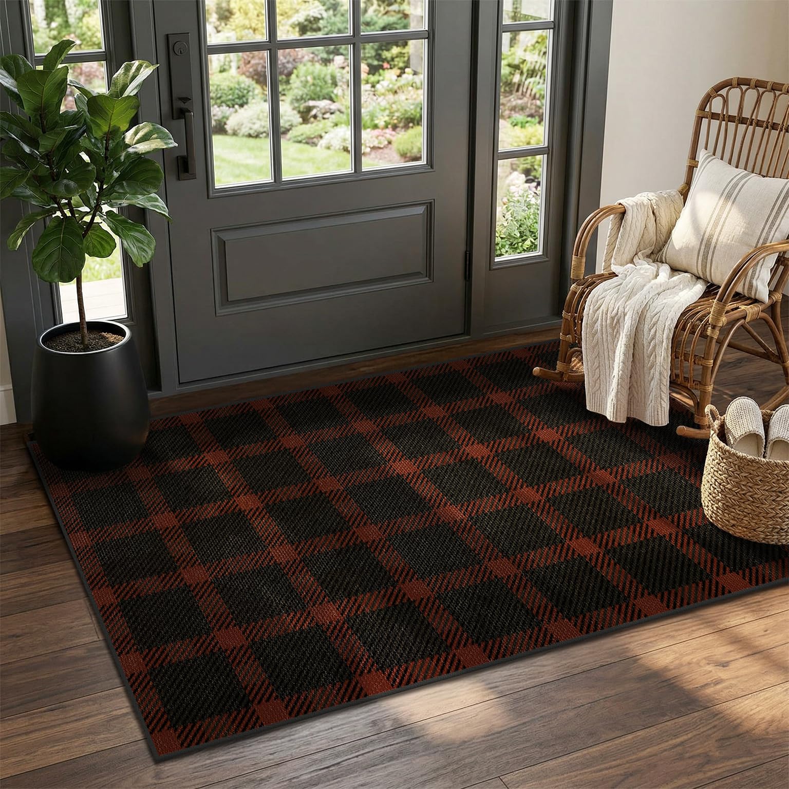 Washable Plaid Indoor Outdoor Rug 3x5 for Front Porch, Entryway, Patio, No Shed Easy Jute Non Slip TPR Backing Area Rug for Large Kitchen, Farmhouse Black & Tan Checkered Seegrass Aesthetic