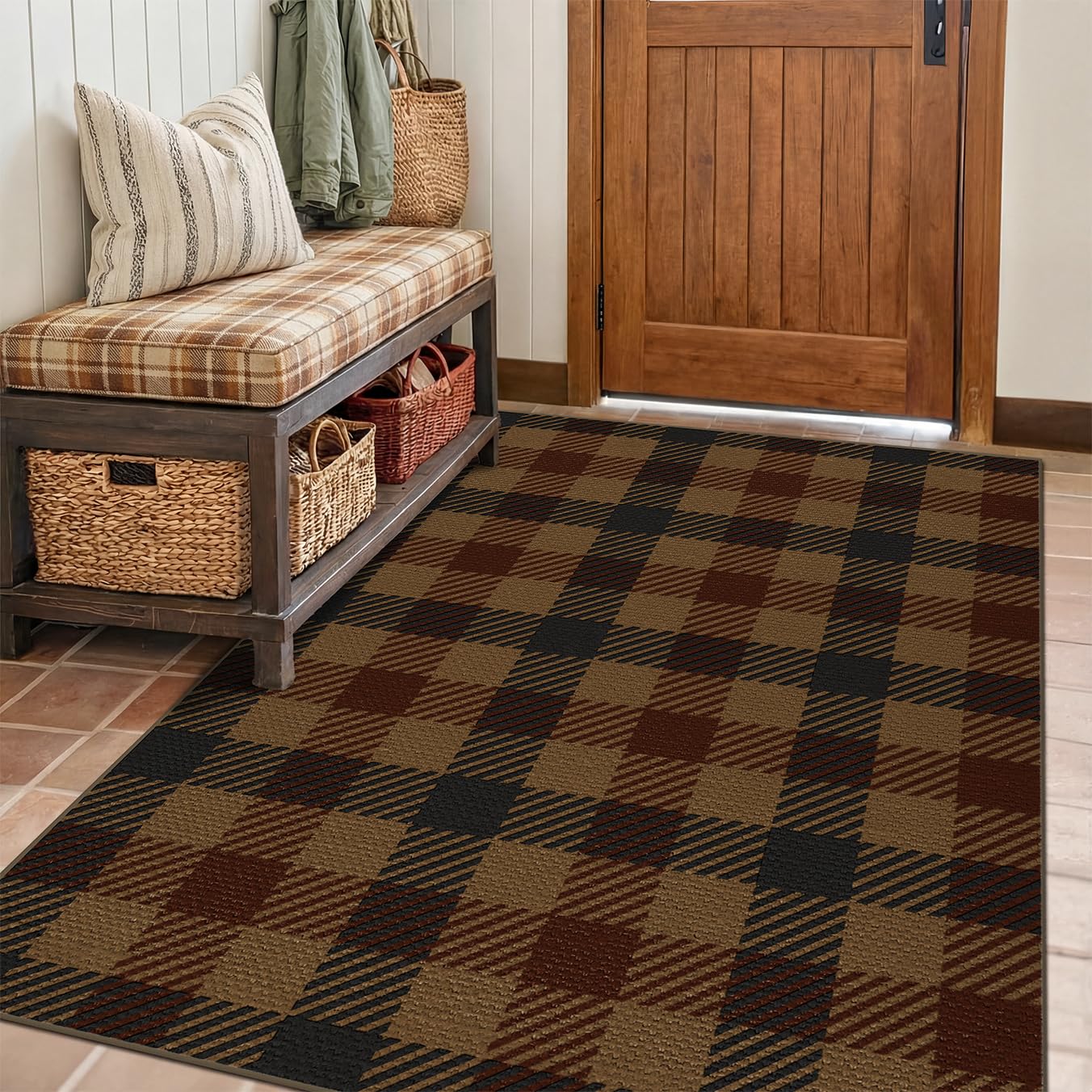 Washable Plaid Indoor Outdoor Rug 3x5 for Front Porch, Entryway, Patio, No Shed Easy Jute Non Slip TPR Backing Area Rug for Large Kitchen, Farmhouse Black & Tan Checkered Seegrass Aesthetic