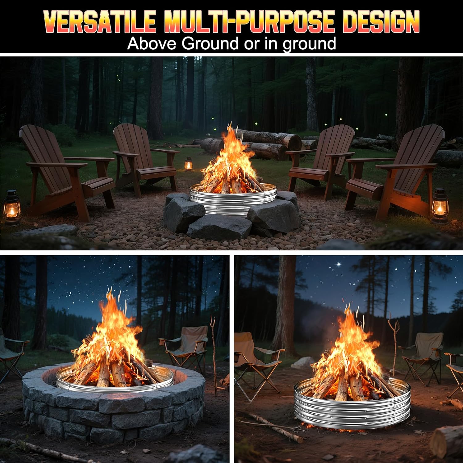 60 Inch Fire Pit Ring 5FT Galvanized Steel, 12" Raised Heavy Duty Wood Burning Fire Pits&Outdoor Fireplace, Heat Resistant Campfire Ring with Spark Guard, for Outdoor Backyard, Patio & Camping Use