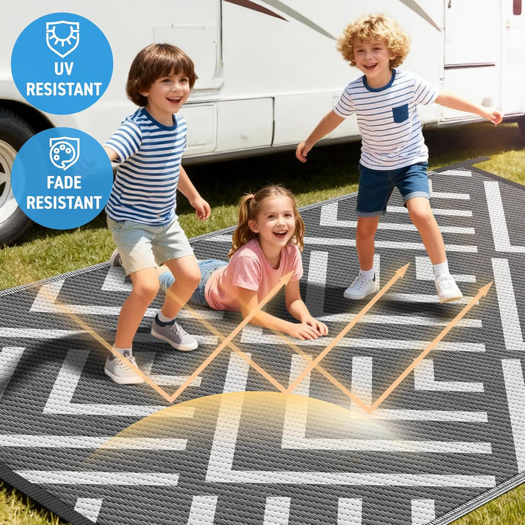 Kohree Outdoor Rug 9x12 Reversible, Waterproof Outdoor Plastic Straw Rug RV Patio Mat, Non-Slip Easy-Cleaning RV Outdoor Mat Carpet for Deck, Patio, Camping, Balcony, Deck, Backyard (Grey & White)