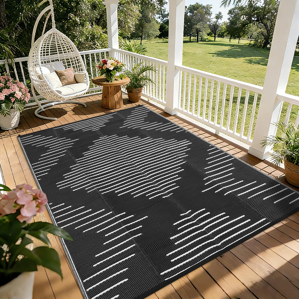 Garvee 6x9 Area Rugs Plastic Reversible Patio Rugs Outdoor Waterproof Easy-Cleaning Large Floor Mat for Outdoors Backyard Porch RV Beach Picnic Black White