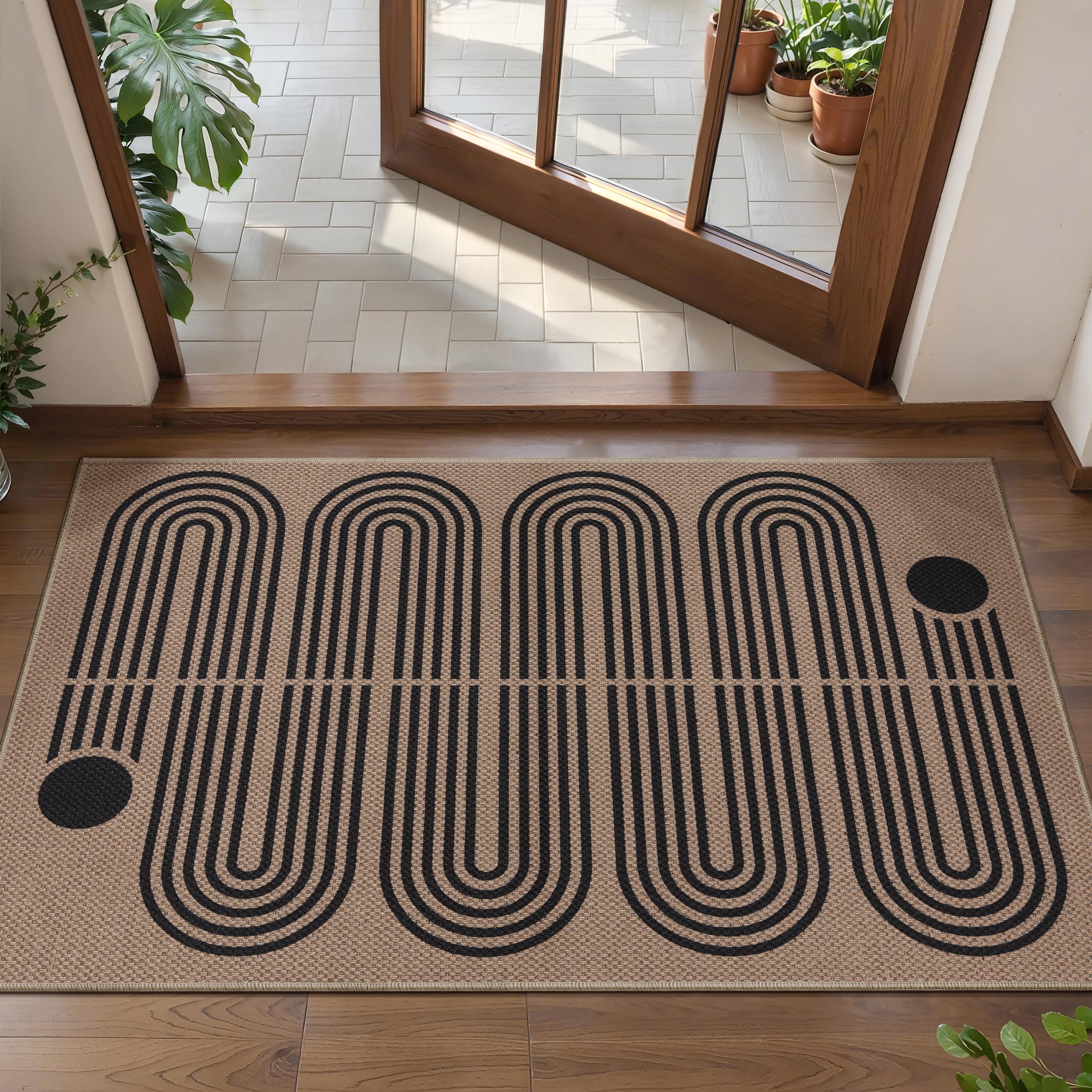 Tangsoo Rainbow Easy Jute Rug 5x7 Large Washable Area Rug for Living Room,Black Non-Slip Thin Outdoor Rug,Modern Farmhouse Indoor Carpet for Dining Room Table Bedroom Patio