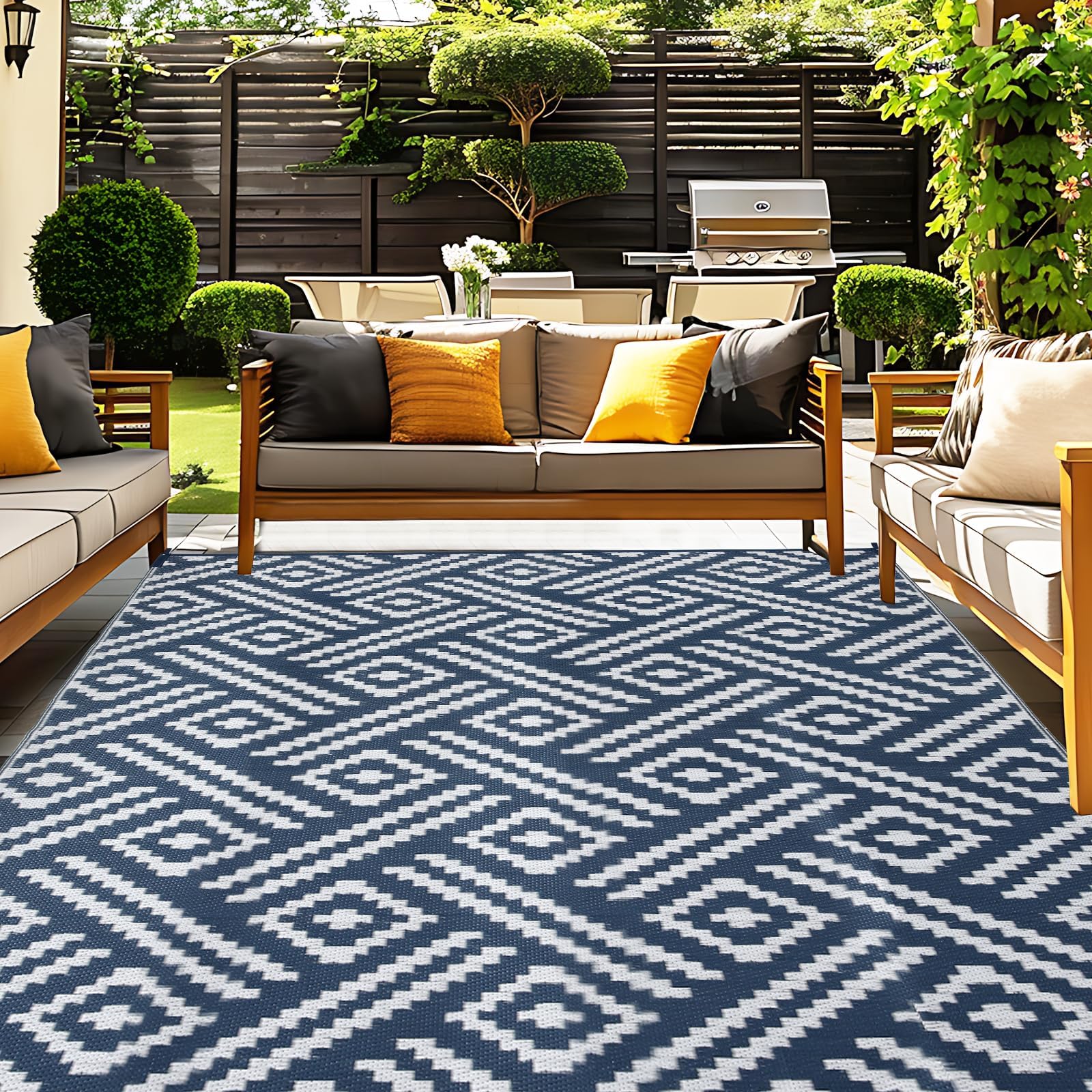 OPPODREAM Outdoor Rug 9x12 Patio Waterproof, Large Outdoor Plastic Straw Rug, Reversible Out Door Carpet for Camping, Deck, Rv, 9 x 12 Area Carpet for Balcony, Porch, Backyard, Black and White