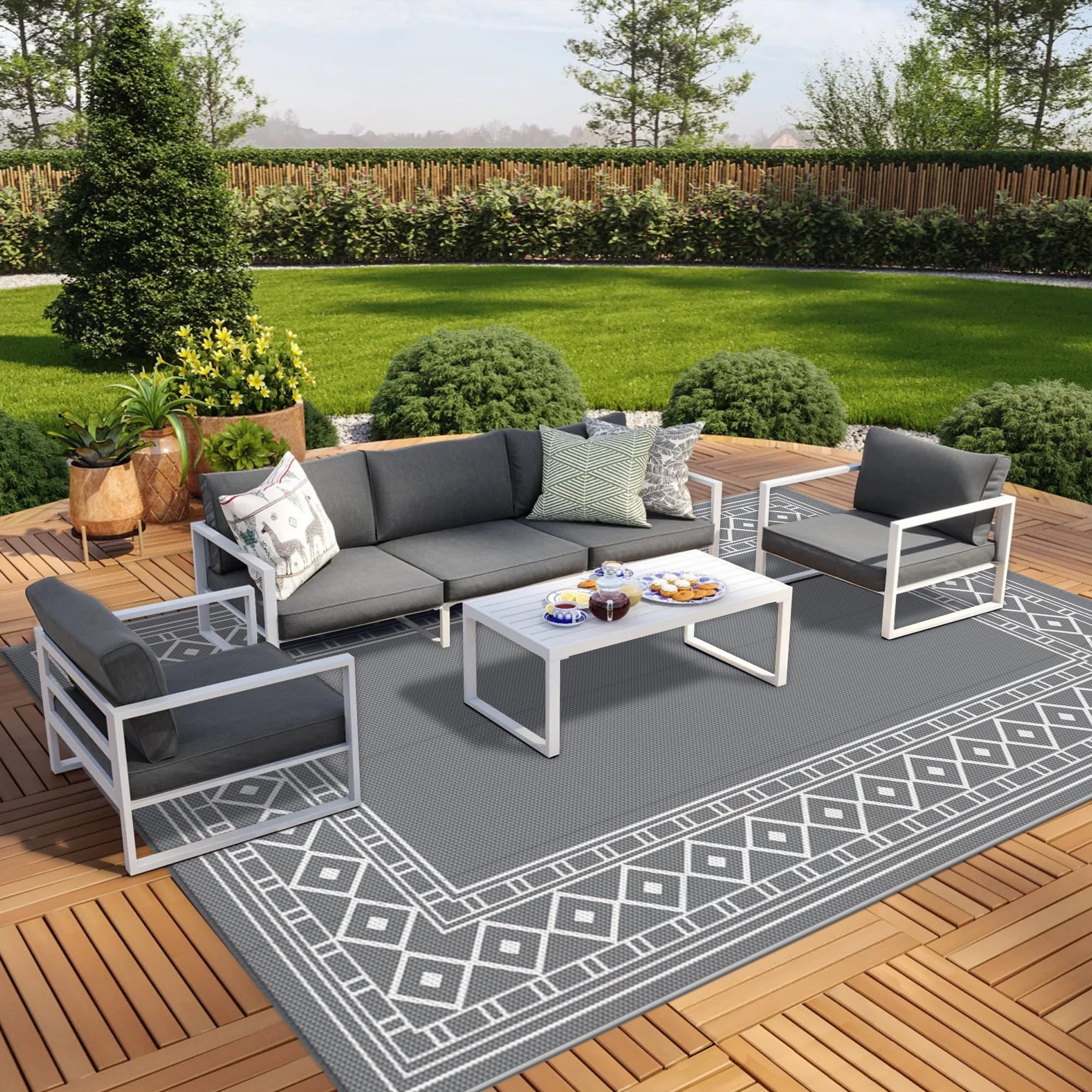 GENIMO Outdoor Rug Waterproof for Patio Decor, 5'x8' Reversible Plastic Straw Rug Carpet, Camping Mat for Outdoor, RV, Backyard, Deck, Balcony, Picnic, Beach, Coffee & Beige