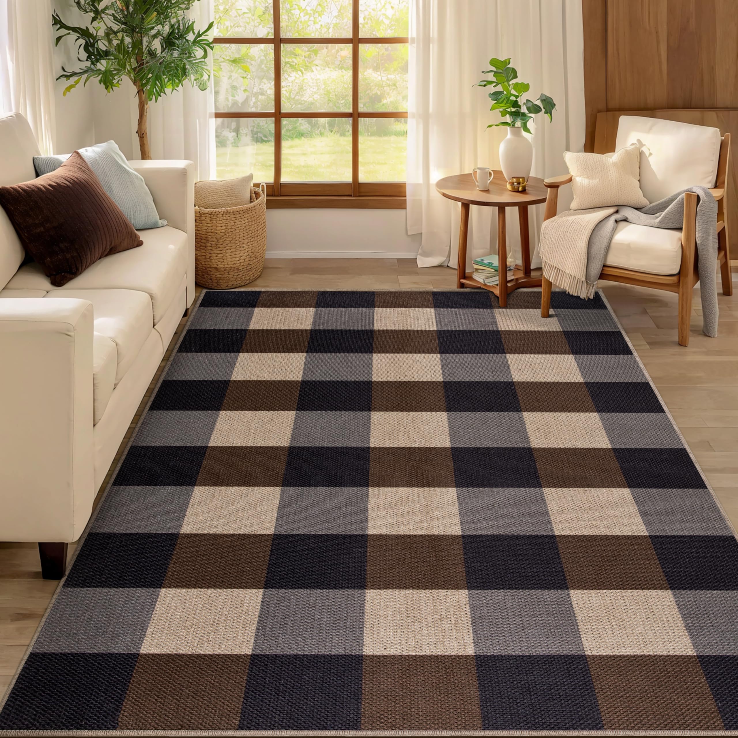 Tangsoo Rainbow Easy Jute Rug 5x7 Large Washable Area Rug for Living Room,Black Non-Slip Thin Outdoor Rug,Modern Farmhouse Indoor Carpet for Dining Room Table Bedroom Patio