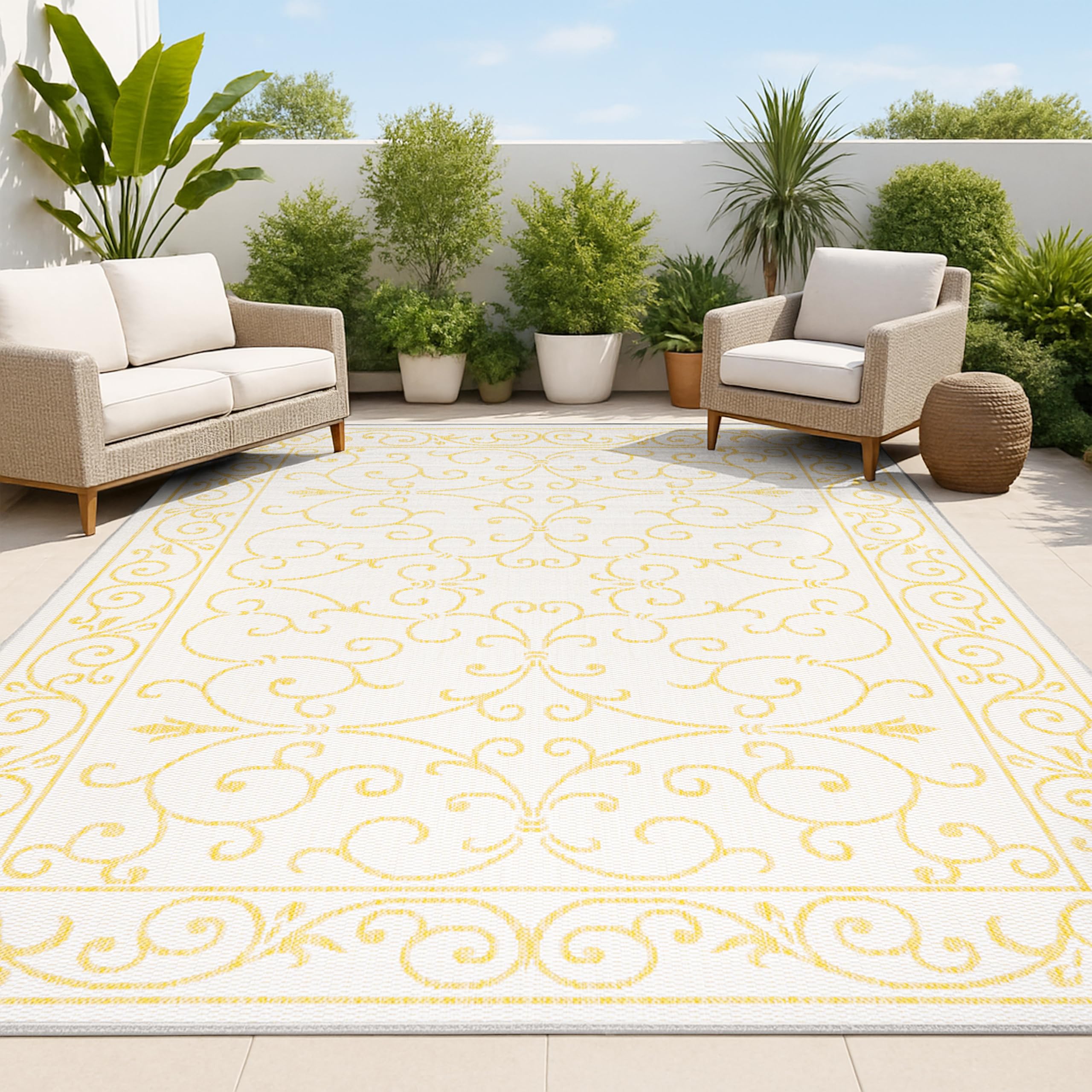 JONATHAN Y Vintage Filigree Indoor Outdoor Area Rug 5X8 Red/Beige, Charleston Textured Weave for Backyard, Patio, Porch, Easy-Cleaning, High Traffic, Pet-Friendly, Non-Shedding (SMB106B-5)