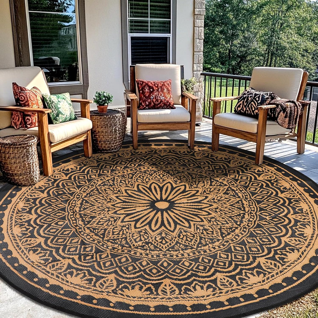 Round Outdoor Rugs 8Ft Waterproof, Outdoor Reversible Mats, Lightweight Plastic Straw Rug, Portable RV Camping Mat Floor Carpets for Deck Porch Picnic Beach Garden, Black/Camel