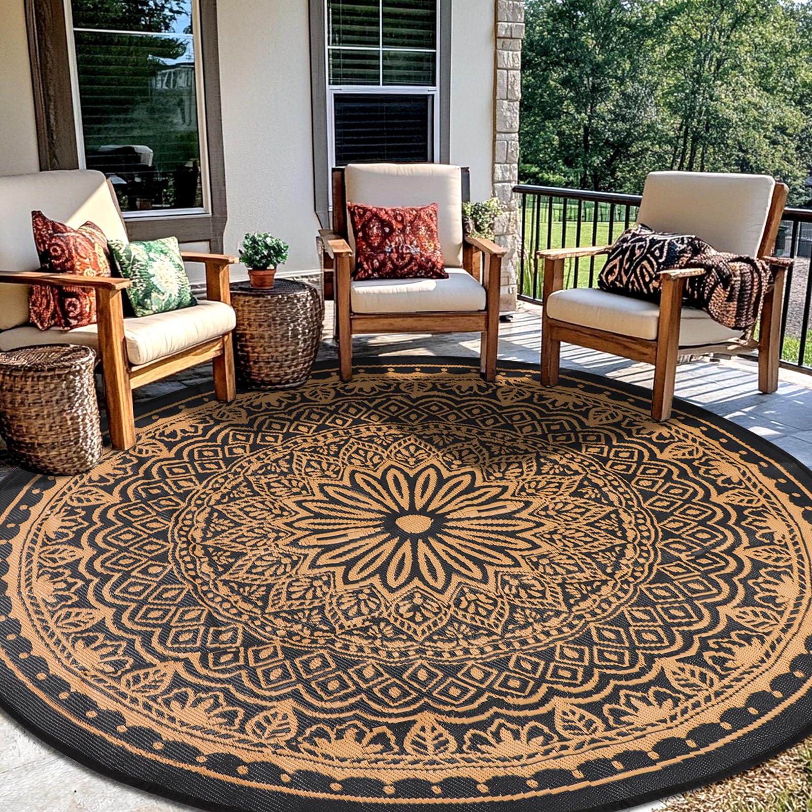 Round Outdoor Rugs 8Ft Waterproof, Outdoor Reversible Mats, Lightweight Plastic Straw Rug, Portable RV Camping Mat Floor Carpets for Deck Porch Picnic Beach Garden, Black/Camel