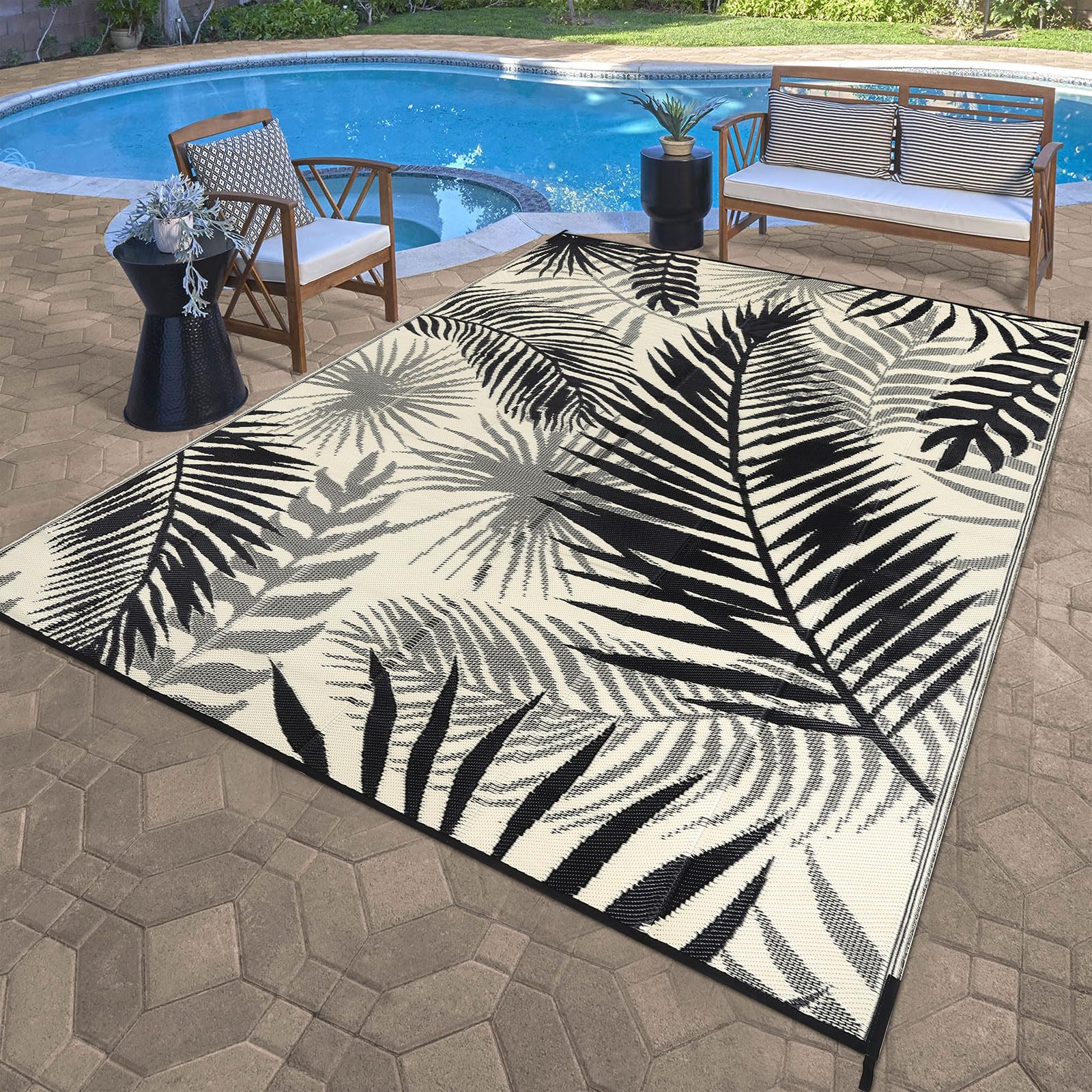 Outdoor Rug for Patios Clearance, 6x9 Waterproof RV Rugs for Outside, Reversible Plastic Straw Mat Large Quick Drying Outdoor Rugs for Deck Trailers Campers Porch Beach Backyard,Teal & White