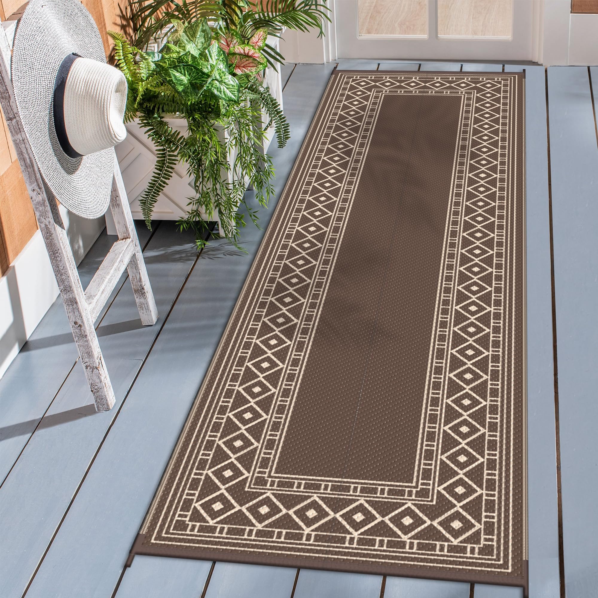 GENIMO Outdoor Rug Waterproof for Patio Decor, 5'x8' Reversible Plastic Straw Rug Carpet, Camping Mat for Outdoor, RV, Backyard, Deck, Balcony, Picnic, Beach, Coffee & Beige