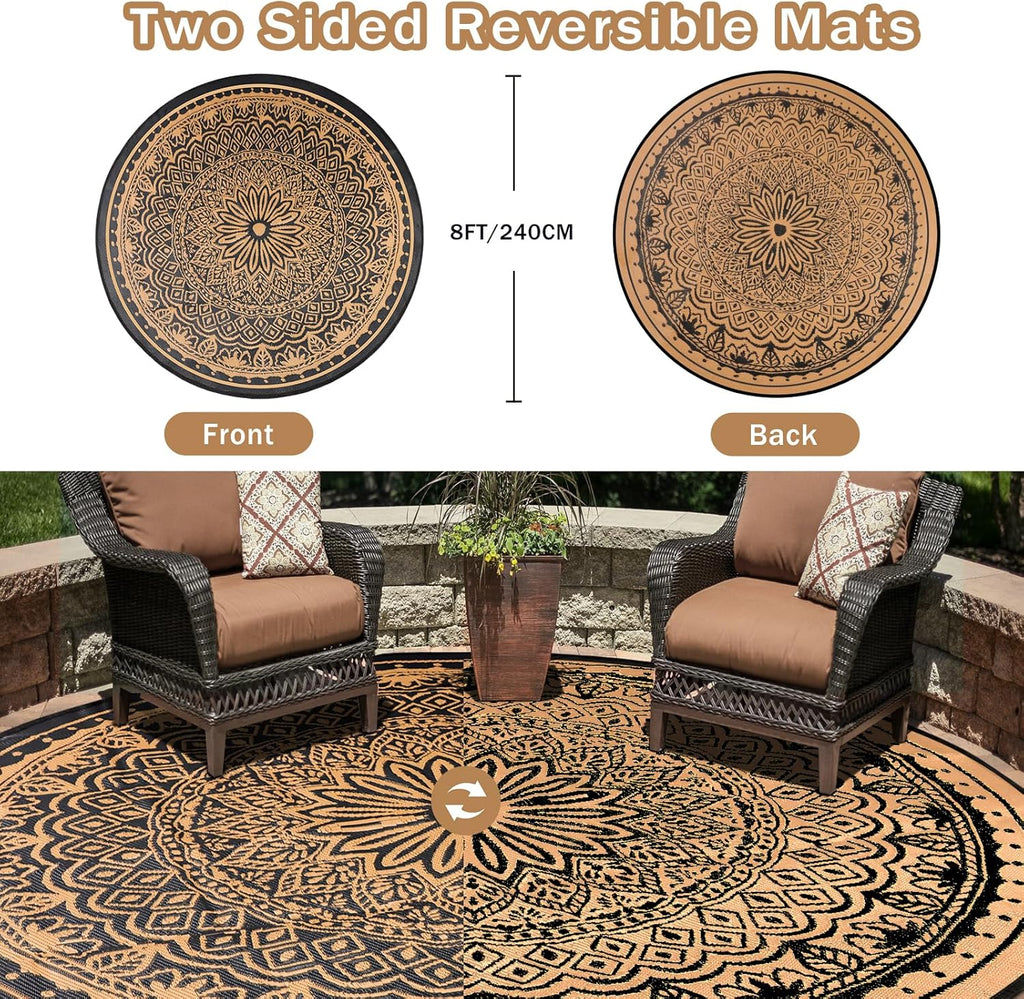 Round Outdoor Rugs 8Ft Waterproof, Outdoor Reversible Mats, Lightweight Plastic Straw Rug, Portable RV Camping Mat Floor Carpets for Deck Porch Picnic Beach Garden, Black/Camel
